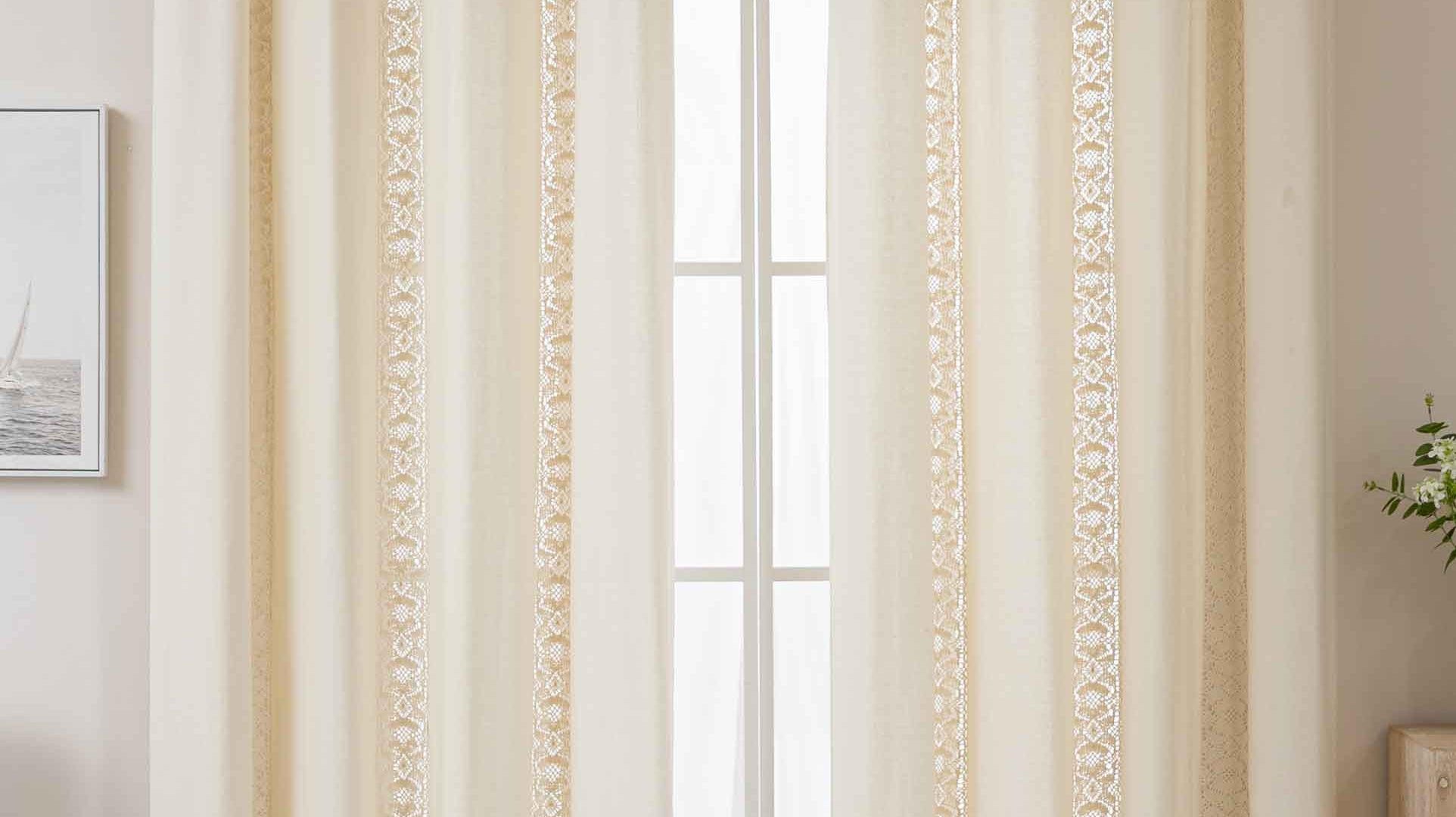 2er Set Vorhang Ösen »Osaka« HxB 245x140 cm Creme 100% Baumwolle Linenlook Makrameespitze Bommeln Raffhalter Gardinen