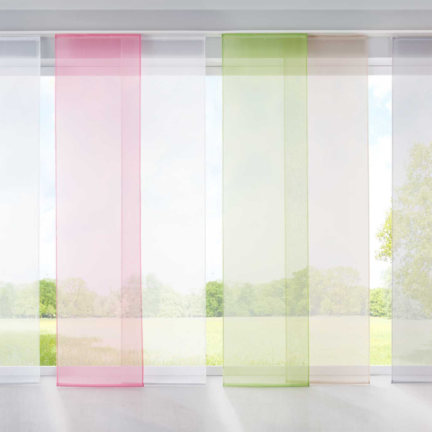 1er Set Schiebegardine Flächenvorhang Vorhang Gardine Voile Komplett mit Paneelwagen Beschwerungsstange 85589N