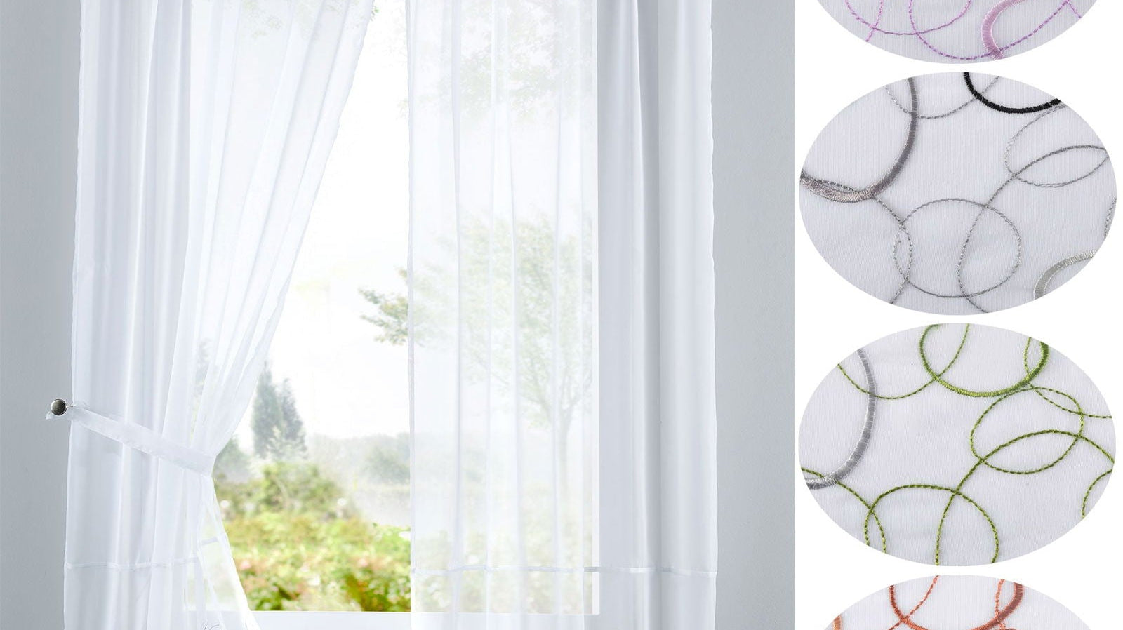AURA Stickerei Gardinen Set 4 Tlg. Raffhalter Tunneldurchzug Gardinenband für Gardinenschienen 112230