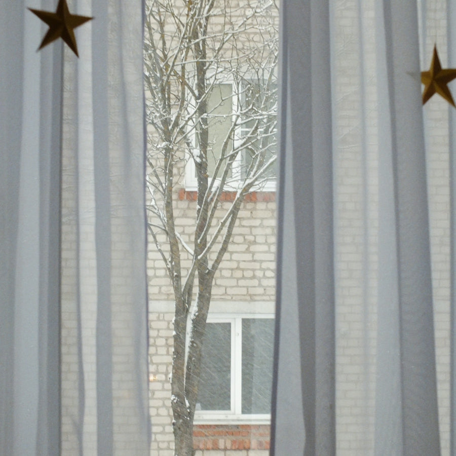 white and gray floral window curtain