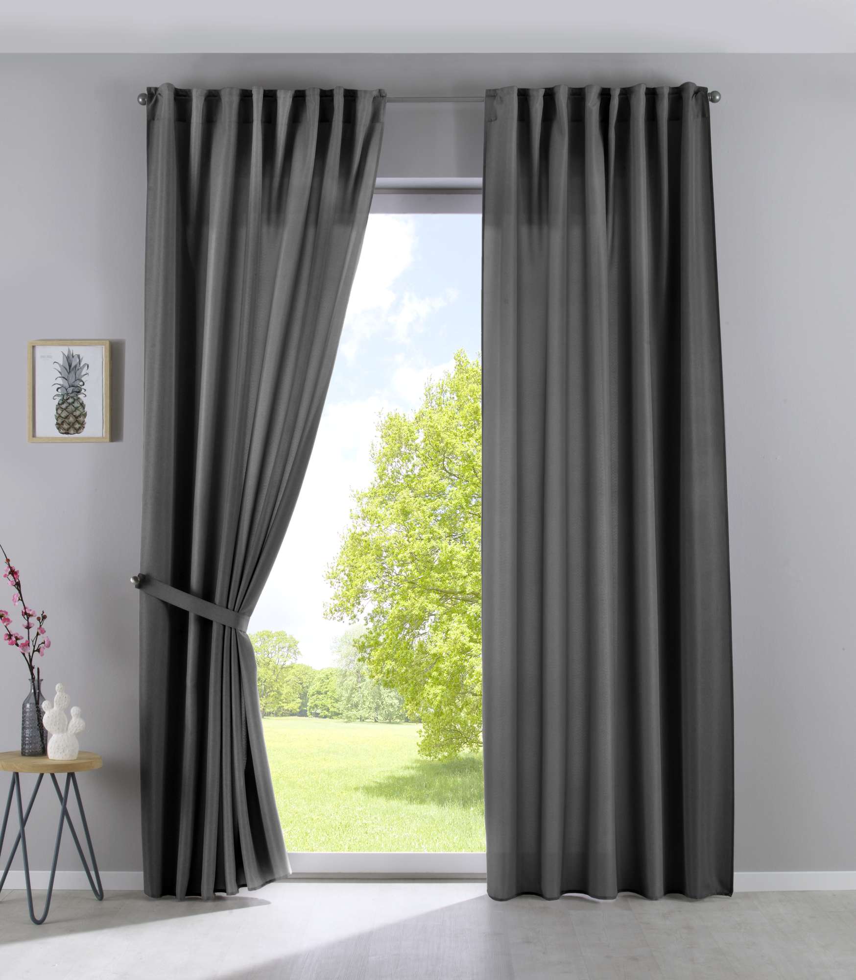 2er Set Vorhänge Verdeckte Schlaufen Cationic »JENA« Blickdicht Leinen Optik Gardinen Meliert Gardinenband mit Raffhalter 2019037-2 Grau HxB 250x140 cm Vorhang Set 2019037-2grau | Gardinenbox.de