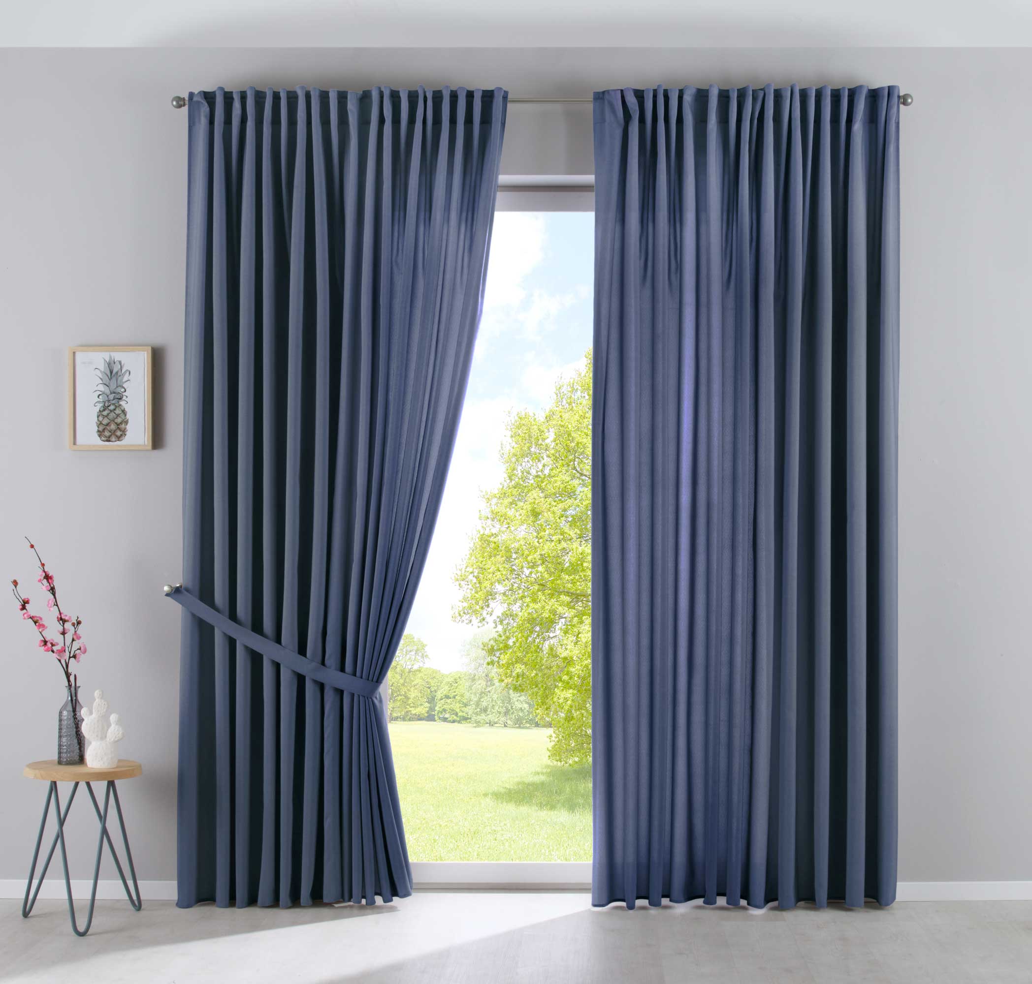 2er Set Vorhänge Verdeckte Schlaufen Cationic »JENA« Blickdicht Leinen Optik Gardinen Meliert Gardinenband mit Raffhalter 2019037-2 Saphir Blau HxB 250x300 cm Vorhang Set 2019037-2saphir_blau-breit | Gardinenbox.de