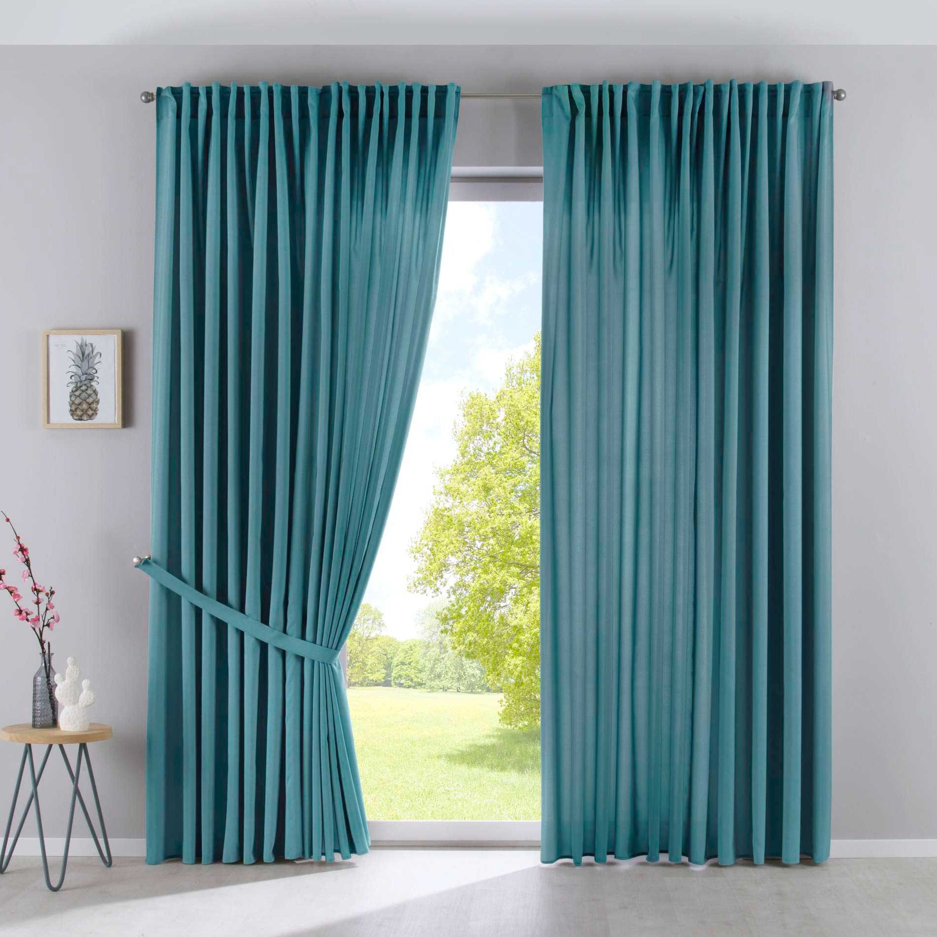 2er Set Vorhänge Verdeckte Schlaufen Cationic »JENA« Blickdicht Leinen Optik Gardinen Meliert Gardinenband mit Raffhalter 2019037-2 Smaragd Grün HxB 250x300 cm Vorhang Set 2019037-2smaragd_gruen-breit | Gardinenbox.de