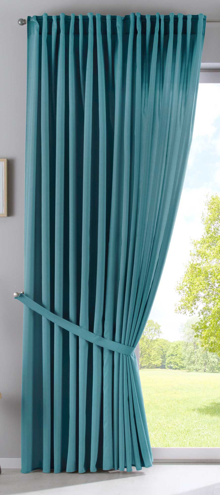 Vorhang Verdeckte Schlaufen Cationic »JENA« Blickdicht Leinen Optik Gardine Meliert Gardinenband mit Raffhalter 2019037 Vorhang 2019037_doppel_v2_gruen_db7f360e-2bb6-4082-a589-47a2a19a6d18 | Gardinenbox.de