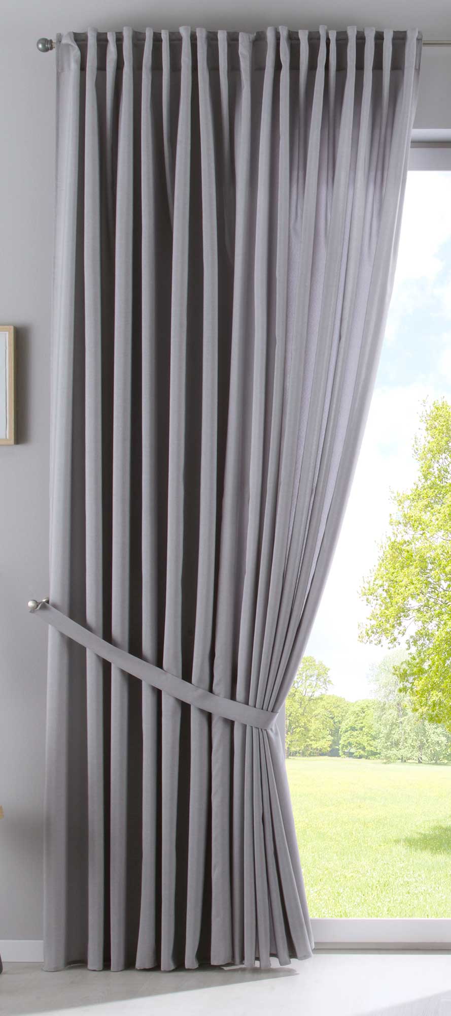 2er Set Vorhänge Verdeckte Schlaufen Cationic »JENA« Blickdicht Leinen Optik Gardinen Meliert Gardinenband mit Raffhalter 2019037-2 Vorhang Set 2019037_doppel_v2_silber | Gardinenbox.de