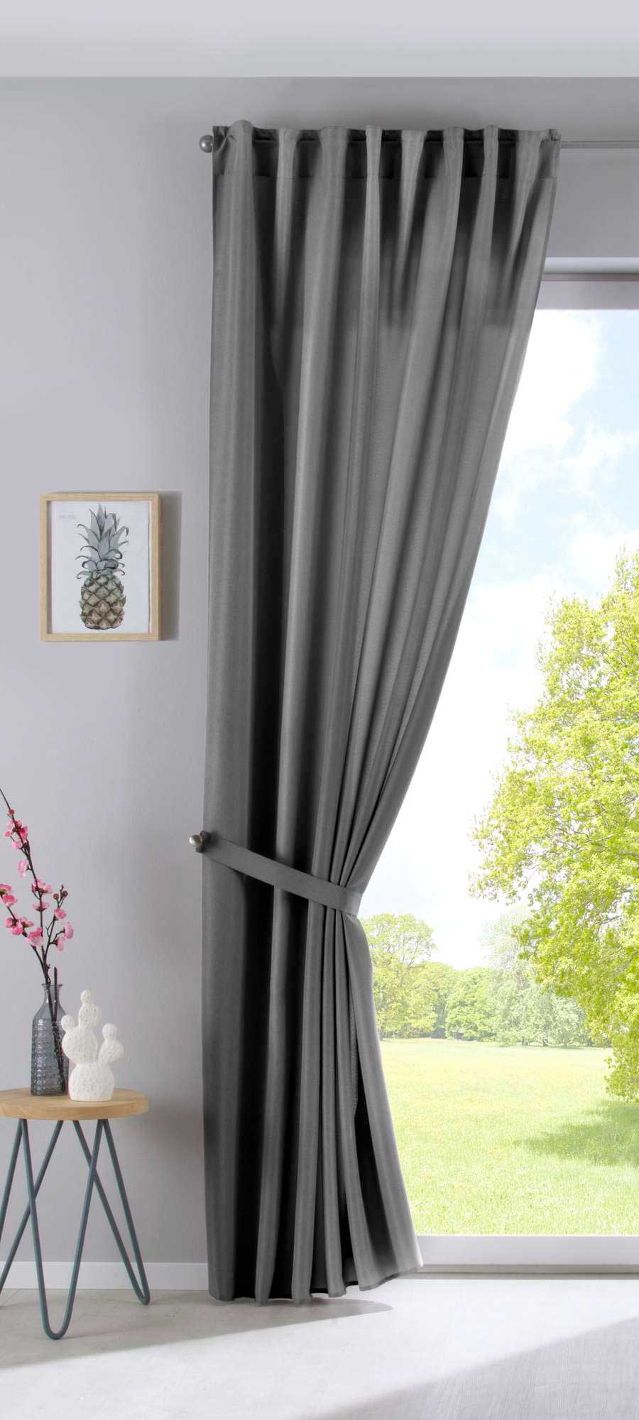 2er Set Vorhänge Verdeckte Schlaufen Cationic »JENA« Blickdicht Leinen Optik Gardinen Meliert Gardinenband mit Raffhalter 2019037-2 Vorhang Set 2019037grau-raff | Gardinenbox.de