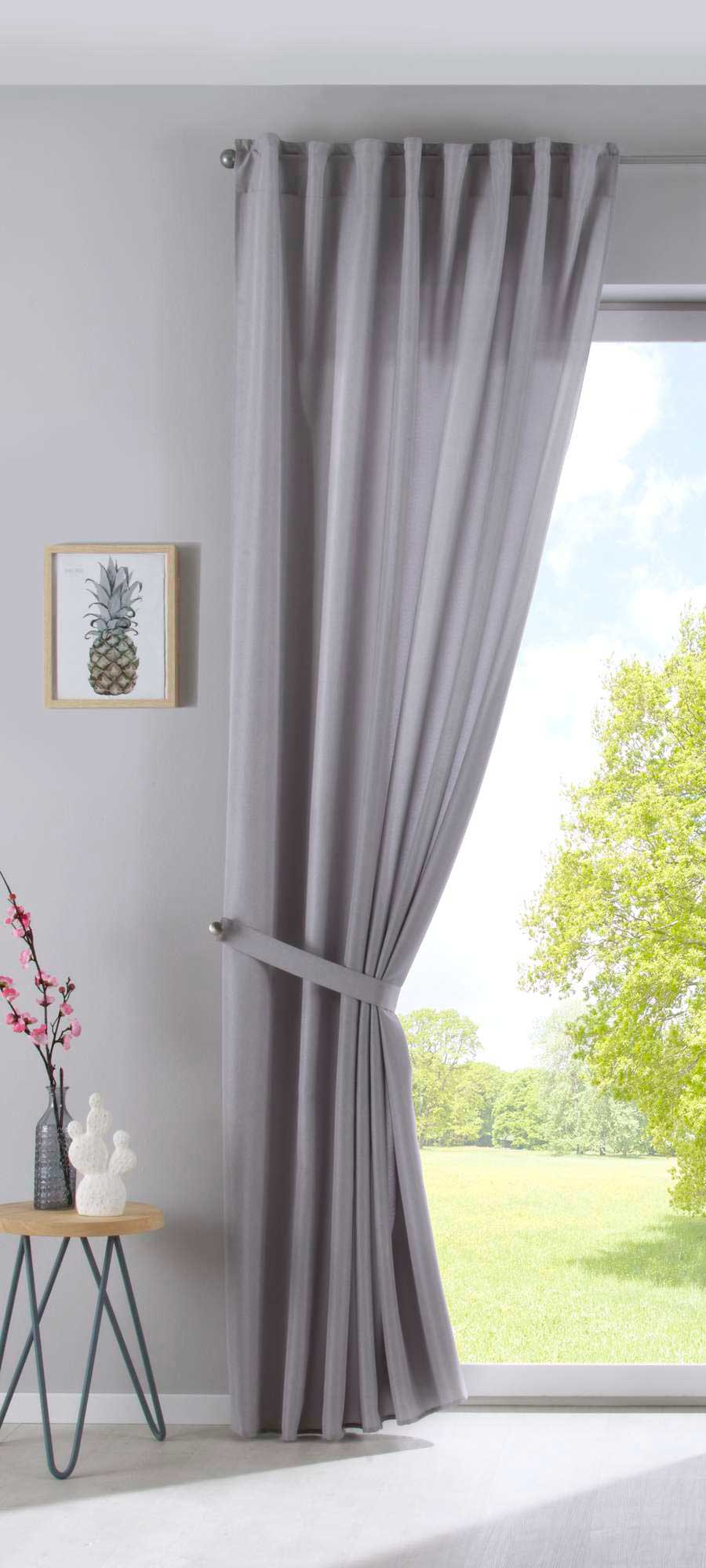 2er Set Vorhänge Verdeckte Schlaufen Cationic »JENA« Blickdicht Leinen Optik Gardinen Meliert Gardinenband mit Raffhalter 2019037-2 Vorhang Set 2019037silber-raff | Gardinenbox.de