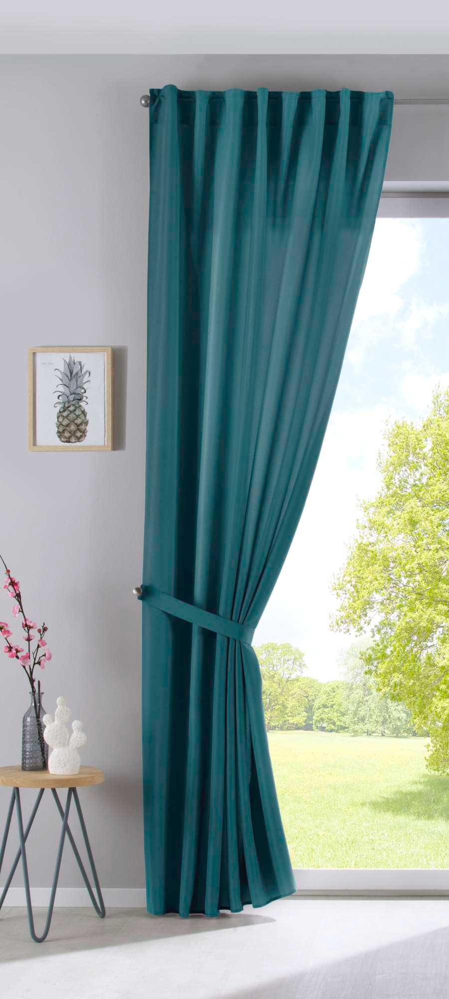 2er Set Vorhänge Verdeckte Schlaufen Cationic »JENA« Blickdicht Leinen Optik Gardinen Meliert Gardinenband mit Raffhalter 2019037-2 Vorhang Set 2019037smaragd_gruen-raff | Gardinenbox.de