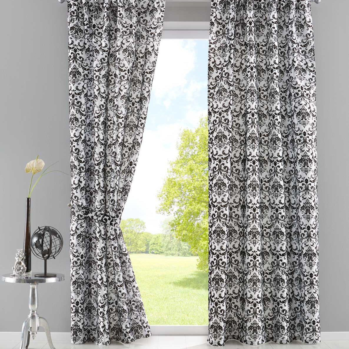 Vorhang Wildseide Optik blickdicht Flockfasern Deko gemustert, blickdicht mit verdecktem Schlaufenband 20200-20210 Weiß Schwarz Barock 2er Set HxB 245x140 cm Vorhang 20200-20210weiss_schwarz_barock-2er | Gardinenbox.de