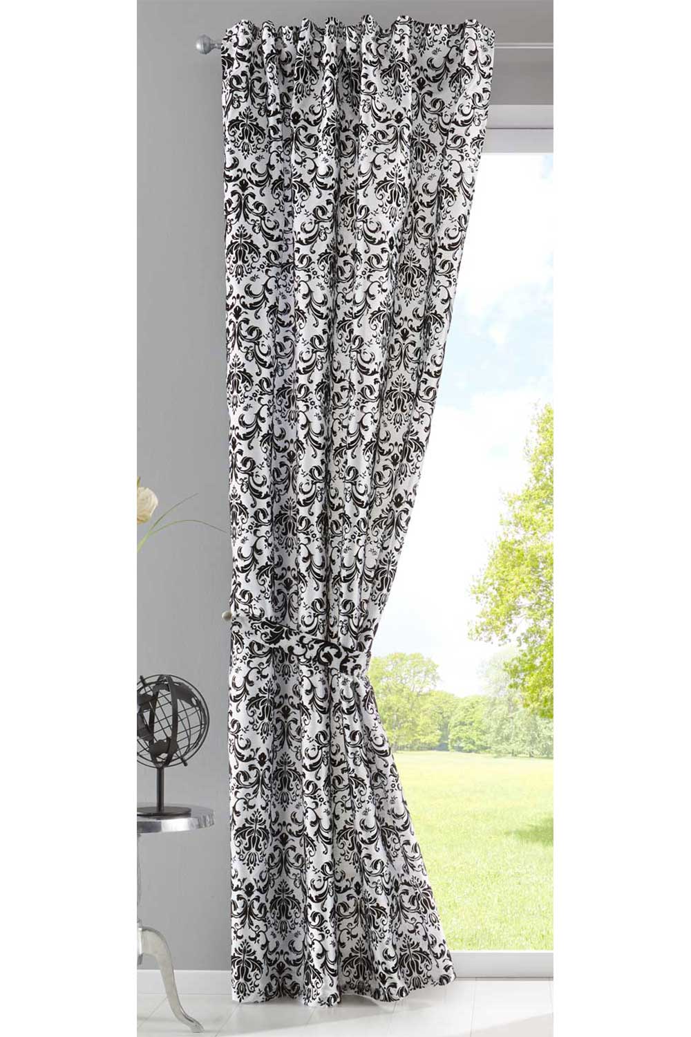 Vorhang Wildseide Optik blickdicht Flockfasern Deko gemustert, blickdicht mit verdecktem Schlaufenband 20200-20210 Weiß Schwarz Barock 1er Set HxB 245x140 cm Vorhang 20200-20210weiss_schwarz_barock | Gardinenbox.de