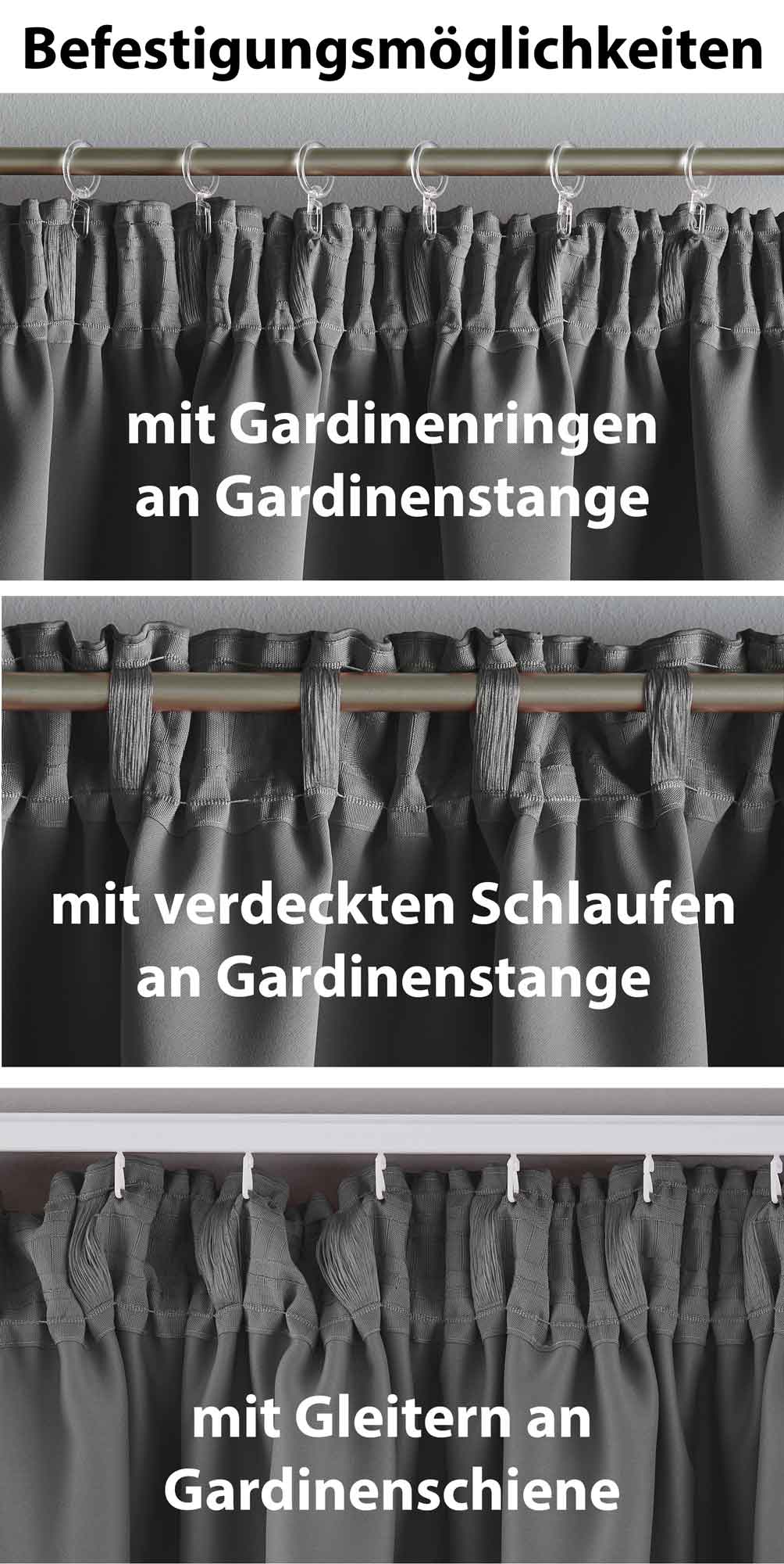 2er Set Verdunkelungsvorhänge Blickdicht »NewYork« verdeckte Schlaufen Thermo-Gardine Blackout schalldämmend Kräuselband 202020610-2 Vorhang Set 202020610-befestigung_dunkelgrau | Gardinenbox.de