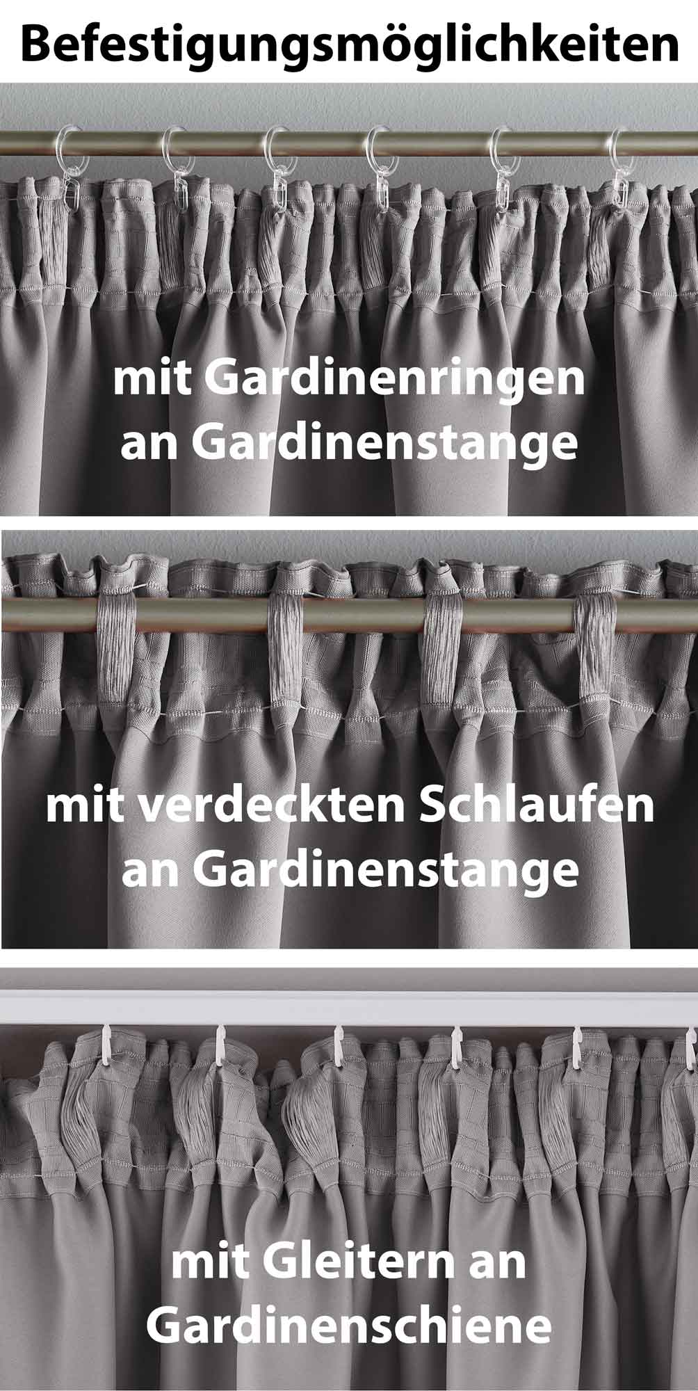 2er Set Verdunkelungsvorhänge Blickdicht »NewYork« verdeckte Schlaufen Thermo-Gardine Blackout schalldämmend Kräuselband 202020610-2 Vorhang Set 202020610-befestigung_grau | Gardinenbox.de