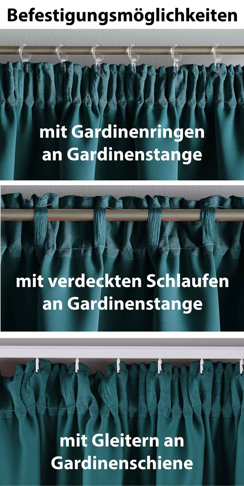 Vorhang Blickdicht »NewYork« verdeckte Schlaufen 1er-Pack Thermo-Gardine Verdunkelungsvorhang Blackout schalldämmend Kräuselband Raffhalter 202020610 Vorhang 202020610-befestigung_petrol_d75aa75f-a5e7-40bf-a151-a813d0ffc57d | Gardinenbox.de