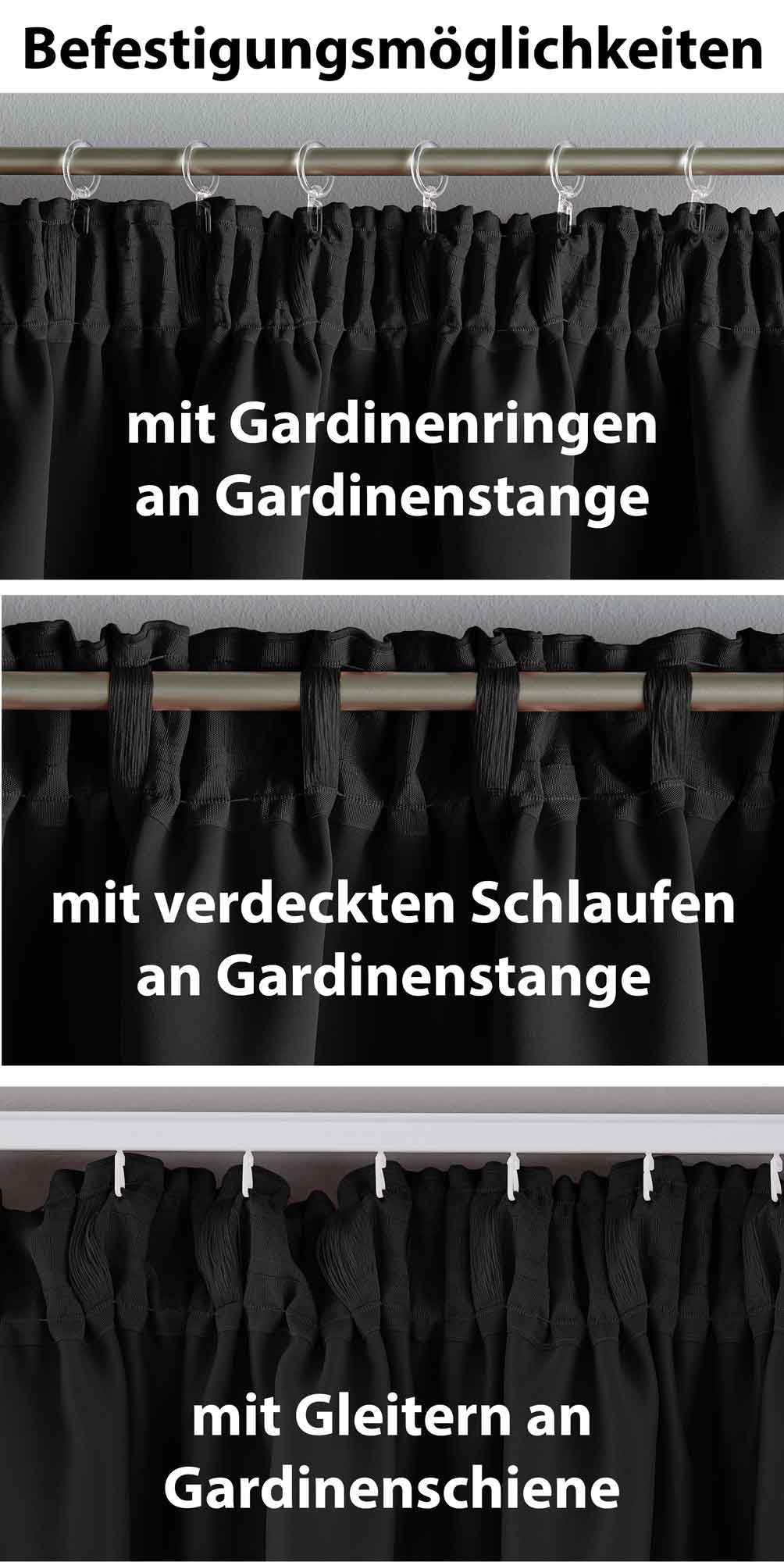 2er Set Verdunkelungsvorhänge Blickdicht »NewYork« verdeckte Schlaufen Thermo-Gardine Blackout schalldämmend Kräuselband 202020610-2 Vorhang Set 202020610-befestigung_schwarz | Gardinenbox.de