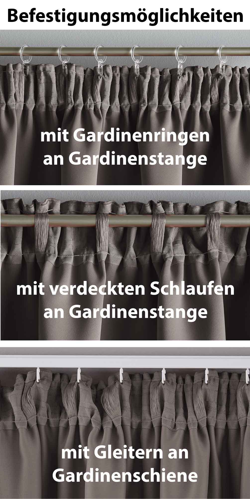 2er Set Verdunkelungsvorhänge Blickdicht »NewYork« verdeckte Schlaufen Thermo-Gardine Blackout schalldämmend Kräuselband 202020610-2 Vorhang Set 202020610-befestigung_taupe | Gardinenbox.de