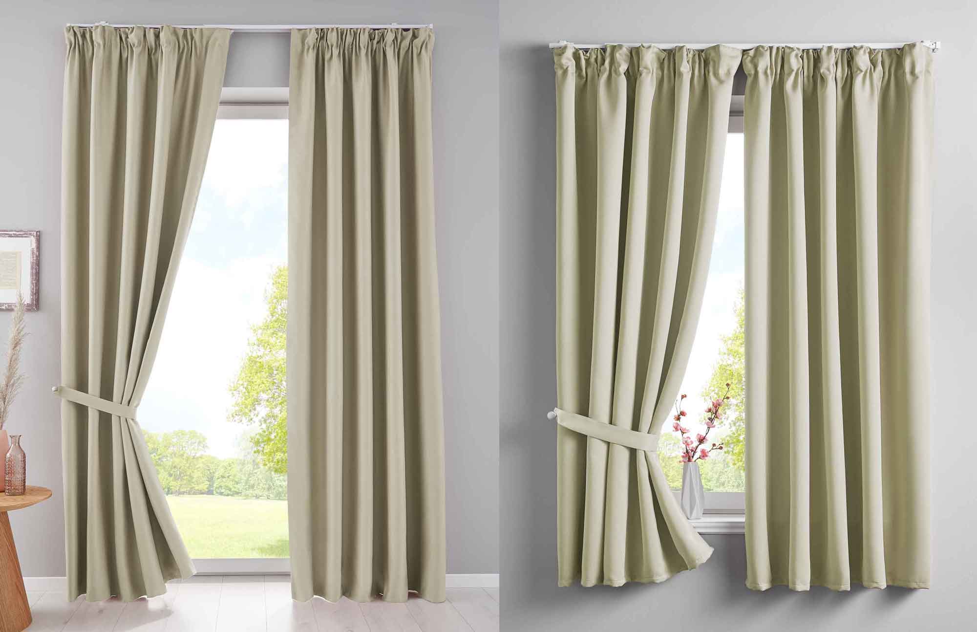 2er Set Verdunkelungsvorhänge Blickdicht »NewYork« verdeckte Schlaufen Thermo-Gardine Blackout schalldämmend Kräuselband 202020610-2 Vorhang Set 202020610beige-kombi | Gardinenbox.de
