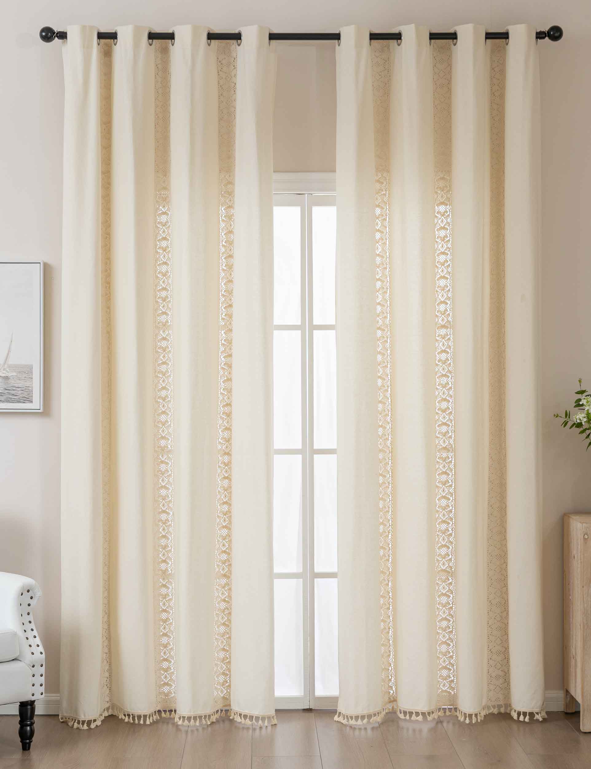 2er Set Vorhang Ösen »Osaka« HxB 245x140 cm Creme 100% Baumwolle Linenlook Makrameespitze Bommeln Raffhalter Gardinen Vorhang 2024130-2creme | Gardinenbox.de
