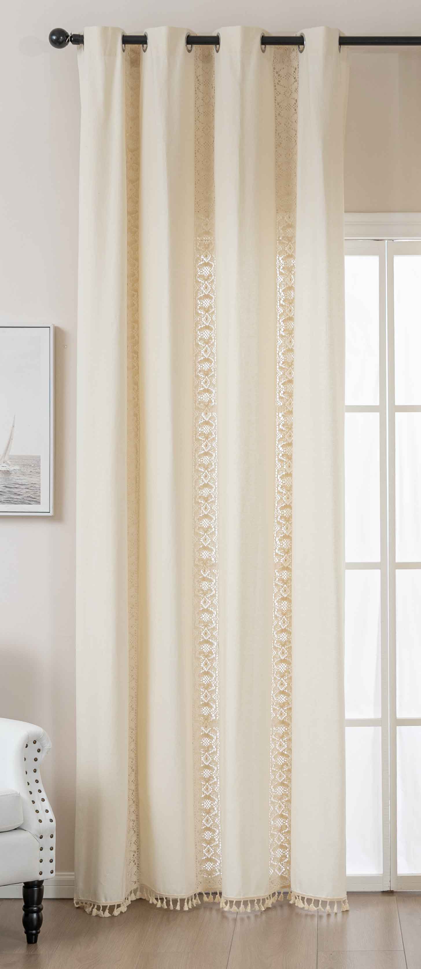 Vorhang Ösen »Osaka« HxB 245x140 cm Creme 100% Baumwolle Linenlook Makrameespitze Bommeln Raffhalter Gardinenschal 2024130creme | Gardinenbox.de