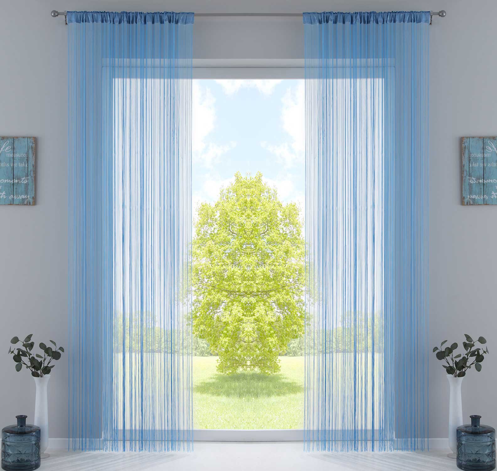 2er Set Fadengardine mit Tunneldurchzug und eingenähtem Kräuselband, geeignet für Gardinenstangen und Gardinenschienen Fadenvorhänge Fadenstores Raumteiler 20303CN2 Fadengardine 20303CN2blau_852ca8f2-06a0-4bb0-a6b4-78beb91e23d8 | Gardinenbox.de