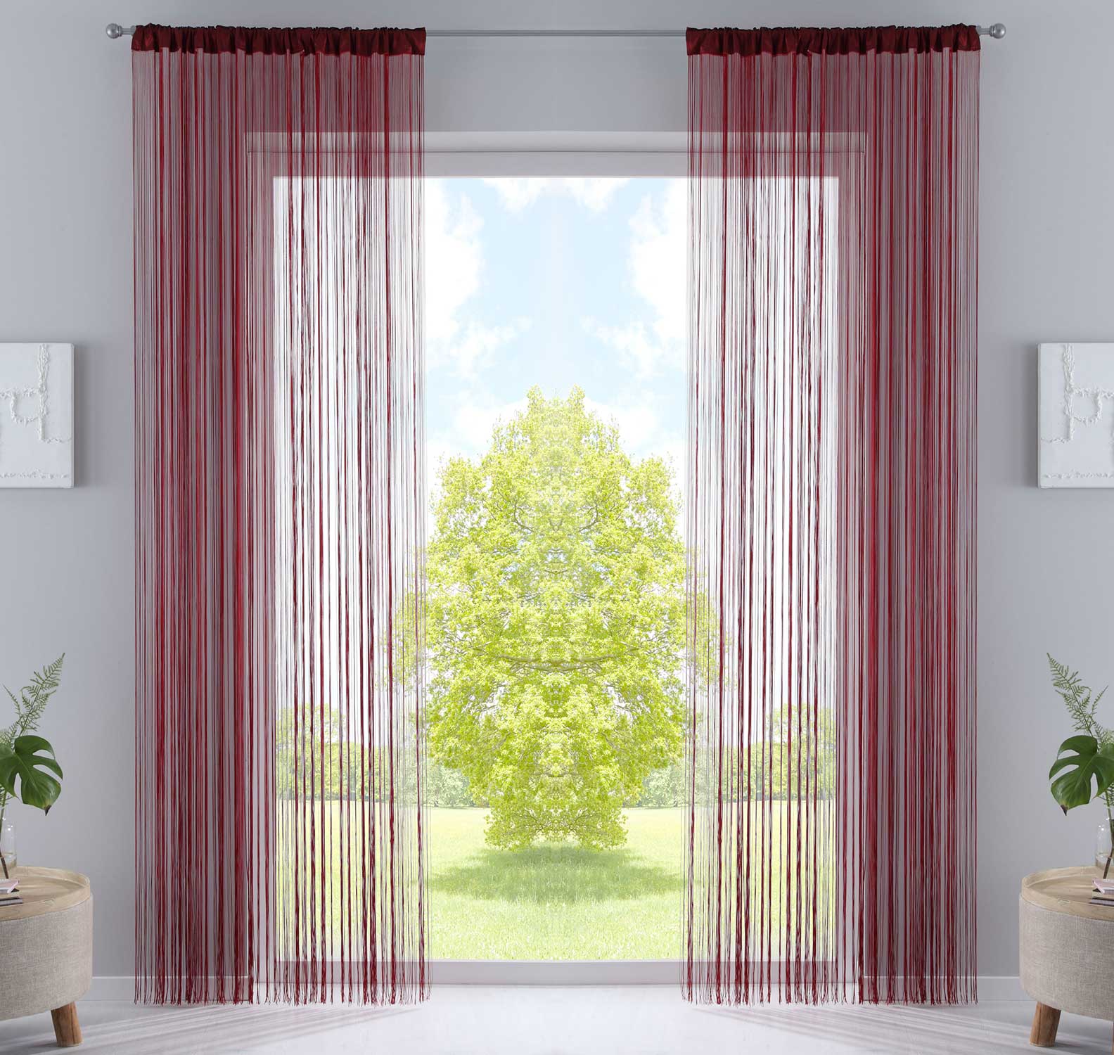 2er Set Fadengardine mit Tunneldurchzug und eingenähtem Kräuselband, geeignet für Gardinenstangen und Gardinenschienen Fadenvorhänge Fadenstores Raumteiler 20303CN2 Bordeaux HxB 250x140 cm Fadengardine 20303CN2bordeaux_b53100ca-20cf-405a-867b-9e12d0764dd4 | Gardinenbox.de