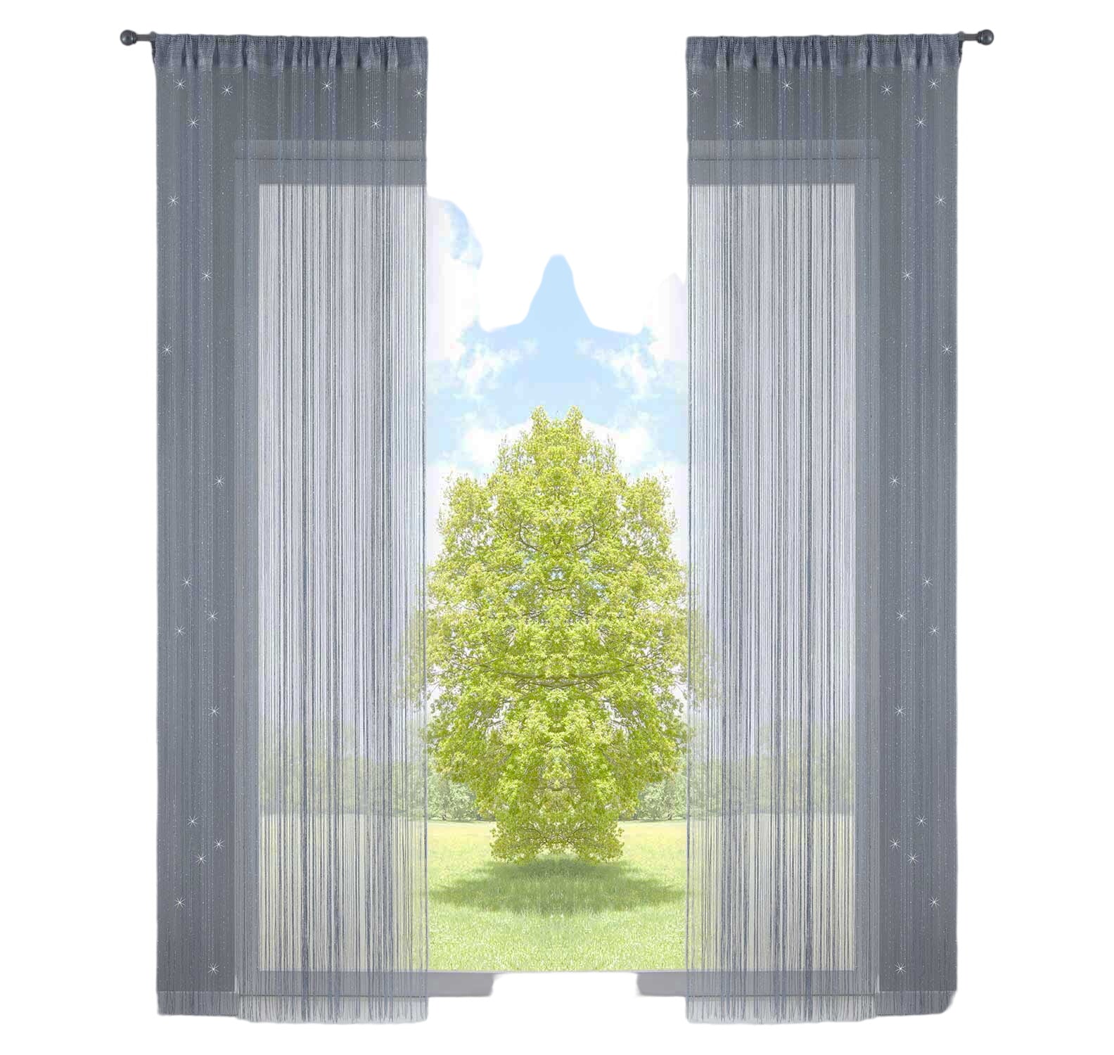 2er Set Fadengardine mit Tunneldurchzug und eingenähtem Kräuselband, geeignet für Gardinenstangen und Gardinenschienen Fadenvorhänge Fadenstores Raumteiler 20303CN2 Fadengardine 20303CN2grau_lurex-crop | Gardinenbox.de