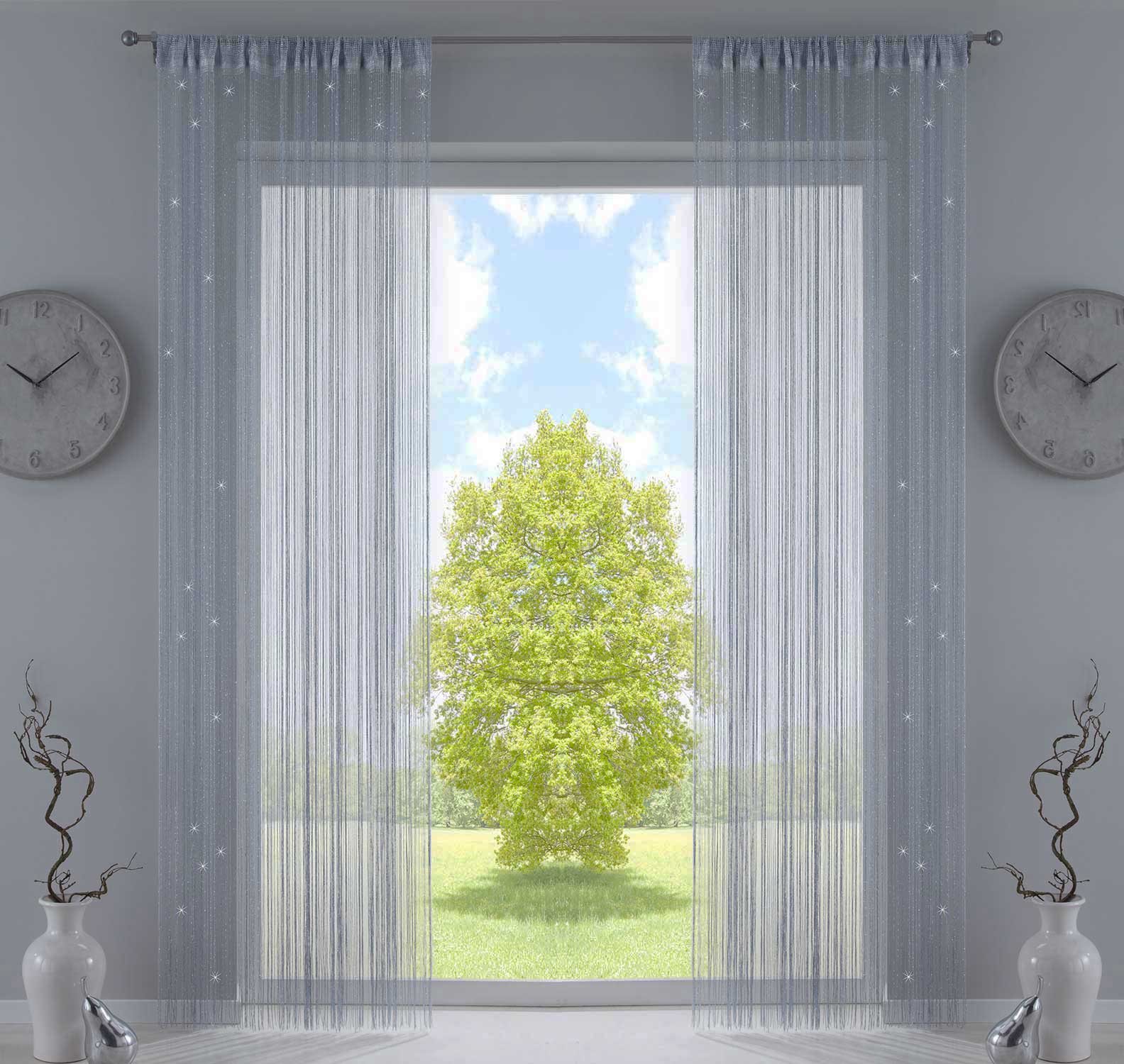 2er Set Fadengardine mit Tunneldurchzug und eingenähtem Kräuselband, geeignet für Gardinenstangen und Gardinenschienen Fadenvorhänge Fadenstores Raumteiler 20303CN2 Grau Lurex HxB 250x140 cm Fadengardine 20303CN2grau_lurex_5ce13039-b586-4112-9acd-0fd682298e93 | Gardinenbox.de