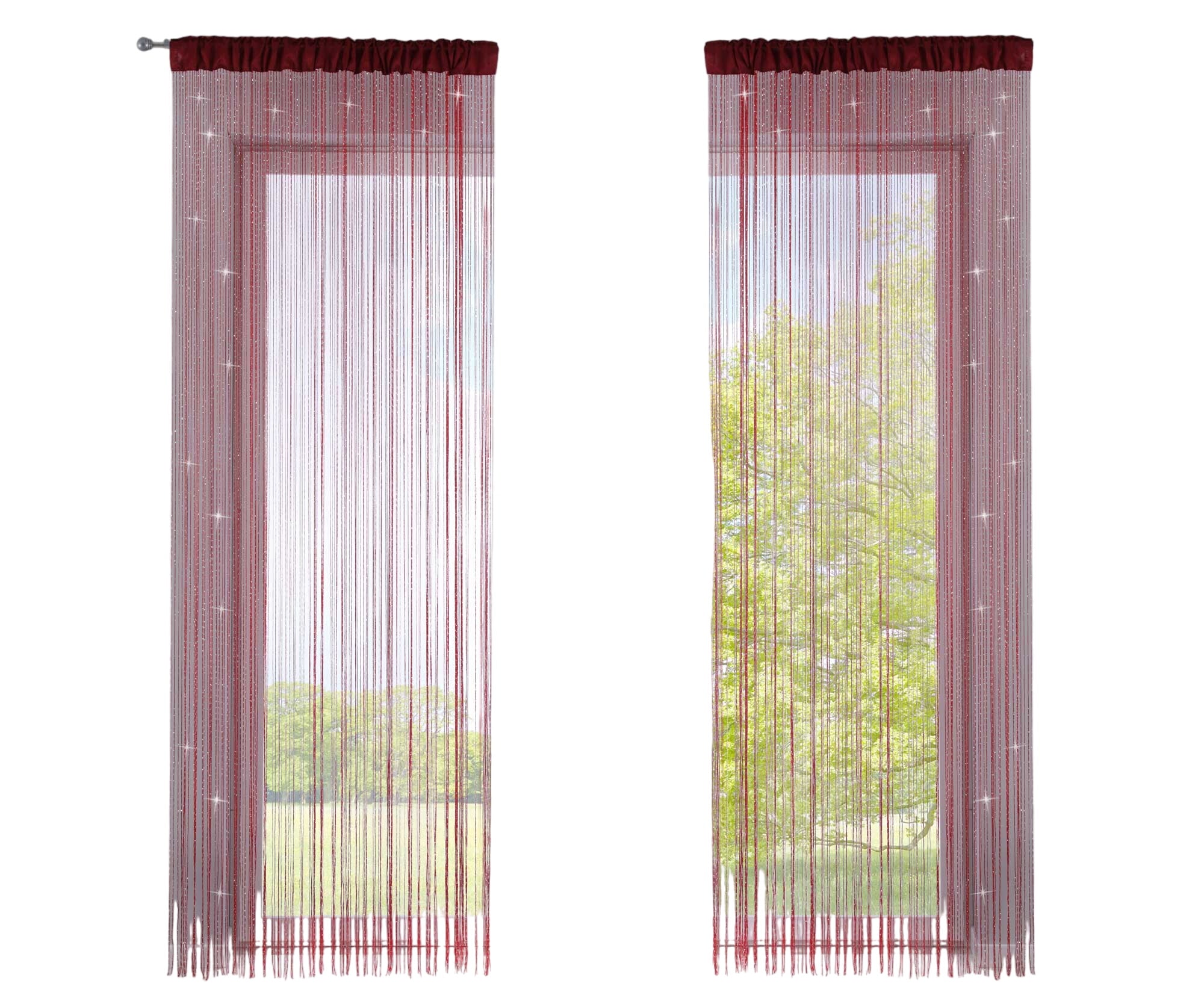 2er Set Fadengardine mit Tunneldurchzug und eingenähtem Kräuselband, geeignet für Gardinenstangen und Gardinenschienen Fadenvorhänge Fadenstores Raumteiler 20303CN2 Fadengardine 20303CN2rot_lurex-crop | Gardinenbox.de