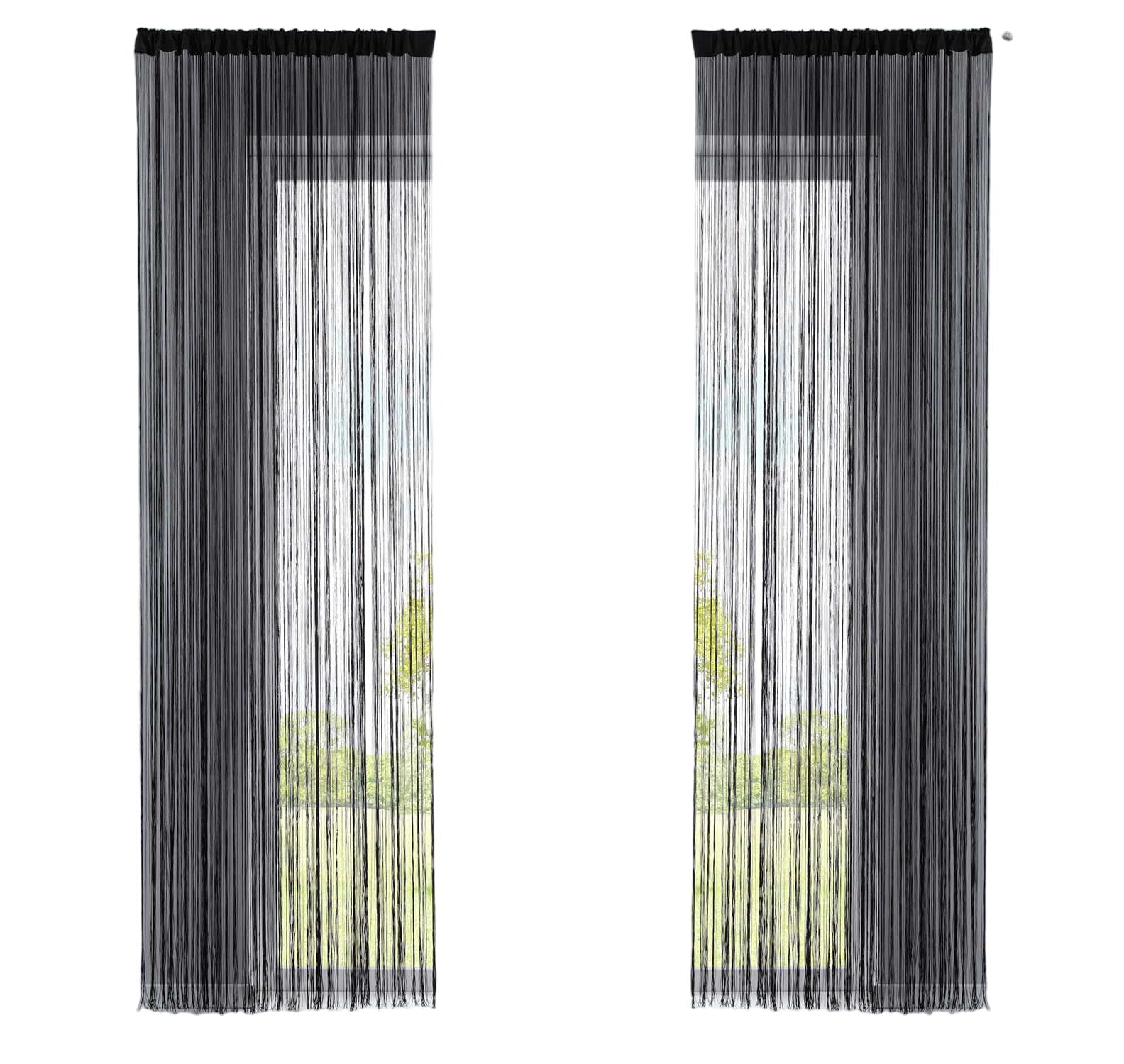 2er Set Fadengardine mit Tunneldurchzug und eingenähtem Kräuselband, geeignet für Gardinenstangen und Gardinenschienen Fadenvorhänge Fadenstores Raumteiler 20303CN2 Fadengardine 20303CN2schwarz-crop | Gardinenbox.de