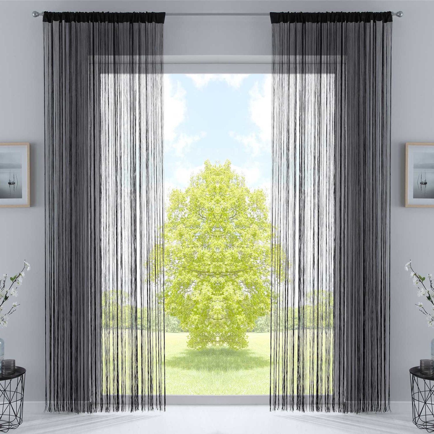 2er Set Fadengardine mit Tunneldurchzug und eingenähtem Kräuselband, geeignet für Gardinenstangen und Gardinenschienen Fadenvorhänge Fadenstores Raumteiler 20303CN2 Schwarz HxB 270x140 cm Fadengardine 20303CN2schwarz_11170628-6258-424f-b852-c141e9e44434 | Gardinenbox.de