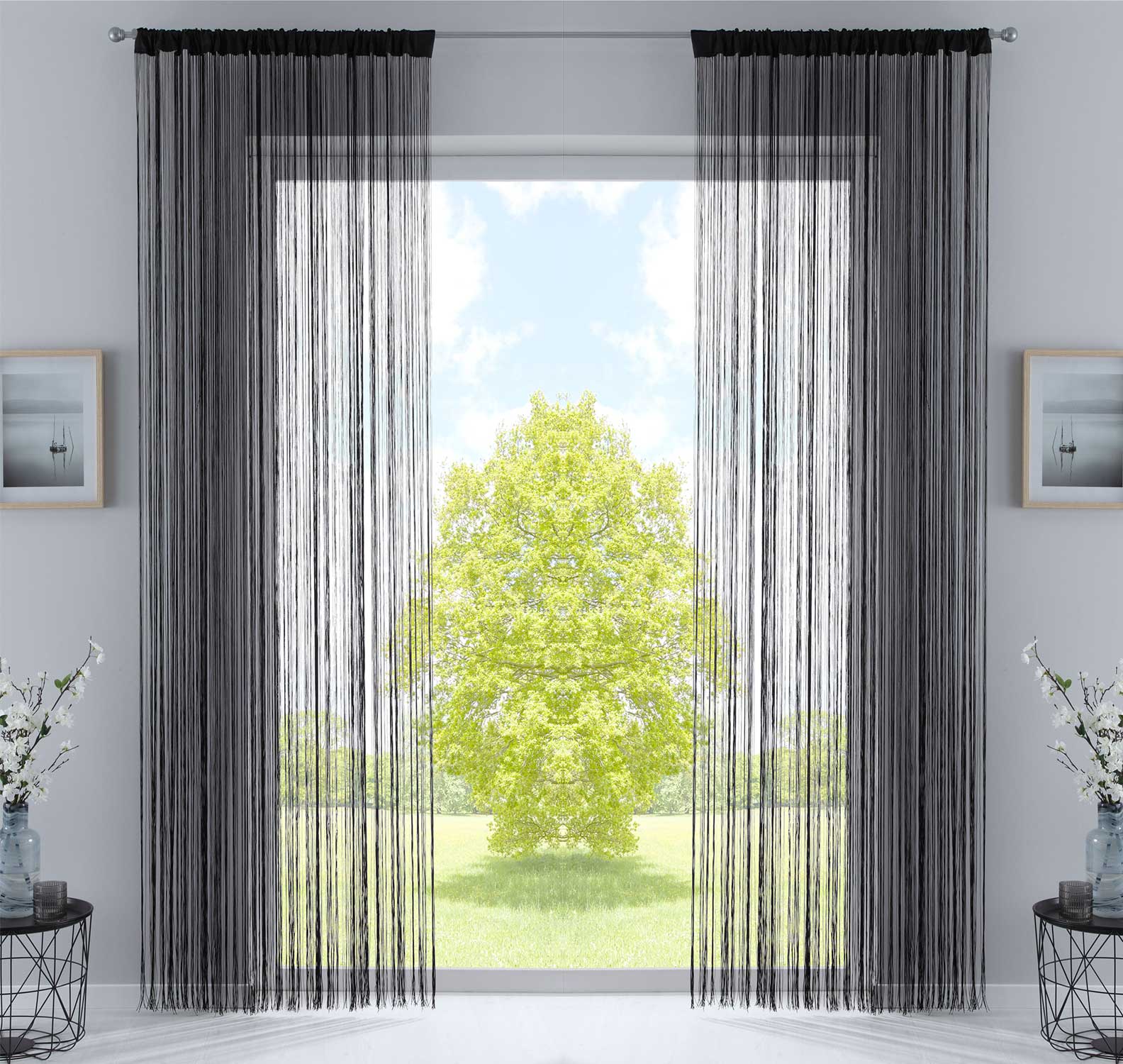2er Set Fadengardine mit Tunneldurchzug und eingenähtem Kräuselband, geeignet für Gardinenstangen und Gardinenschienen Fadenvorhänge Fadenstores Raumteiler 20303CN2 Schwarz HxB 250x140 cm Fadengardine 20303CN2schwarz_a726f081-f9d3-460d-98e1-9b5609e24e2b | Gardinenbox.de