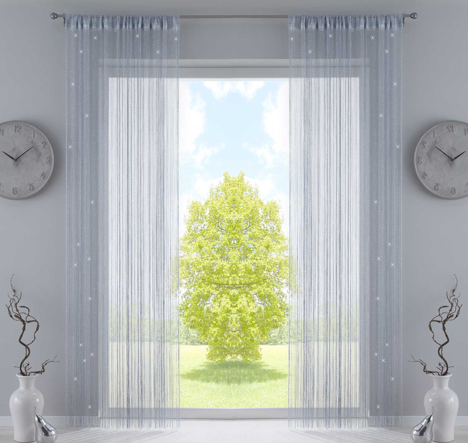 2er Set Fadengardine mit Tunneldurchzug und eingenähtem Kräuselband, geeignet für Gardinenstangen und Gardinenschienen Fadenvorhänge Fadenstores Raumteiler 20303CN2 Silber Lurex HxB 250x140 cm Fadengardine 20303CN2silber_lurex_4da06db6-c999-4f43-9419-f2d278dc813f | Gardinenbox.de