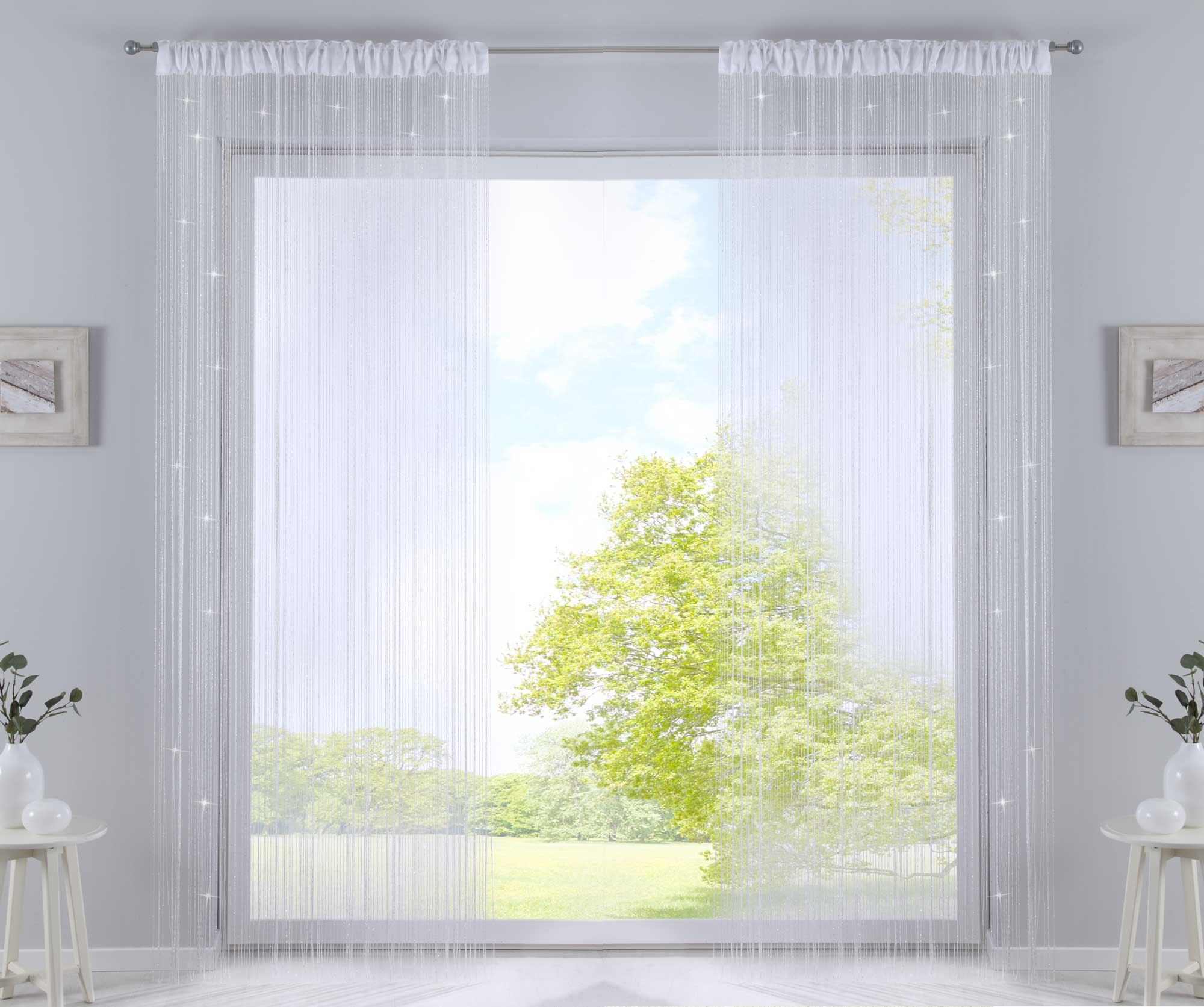 2er Set Fadengardine mit Tunneldurchzug und eingenähtem Kräuselband, geeignet für Gardinenstangen und Gardinenschienen Fadenvorhänge Fadenstores Raumteiler 20303CN2 Fadengardine 20303CN2weiss_lurex_66d271fa-efe0-4ca8-99b0-14b01ef616c7 | Gardinenbox.de