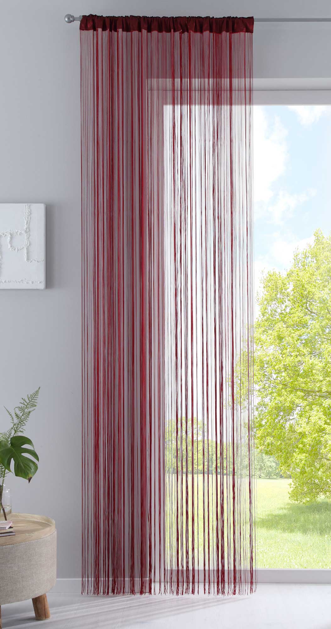 Fadengardine mit Tunneldurchzug und eingenähtem Kräuselband, geeignet für Gardinenstangen und Gardinenschienen Fadenvorhang Fadenstore Raumteiler 20303CN Bordeaux HxB 270x140 cm Fadengardine 20303CNbordeaux_5bfe5b04-130b-4e58-b30f-523ddd7aeb7d | Gardinenbox.de