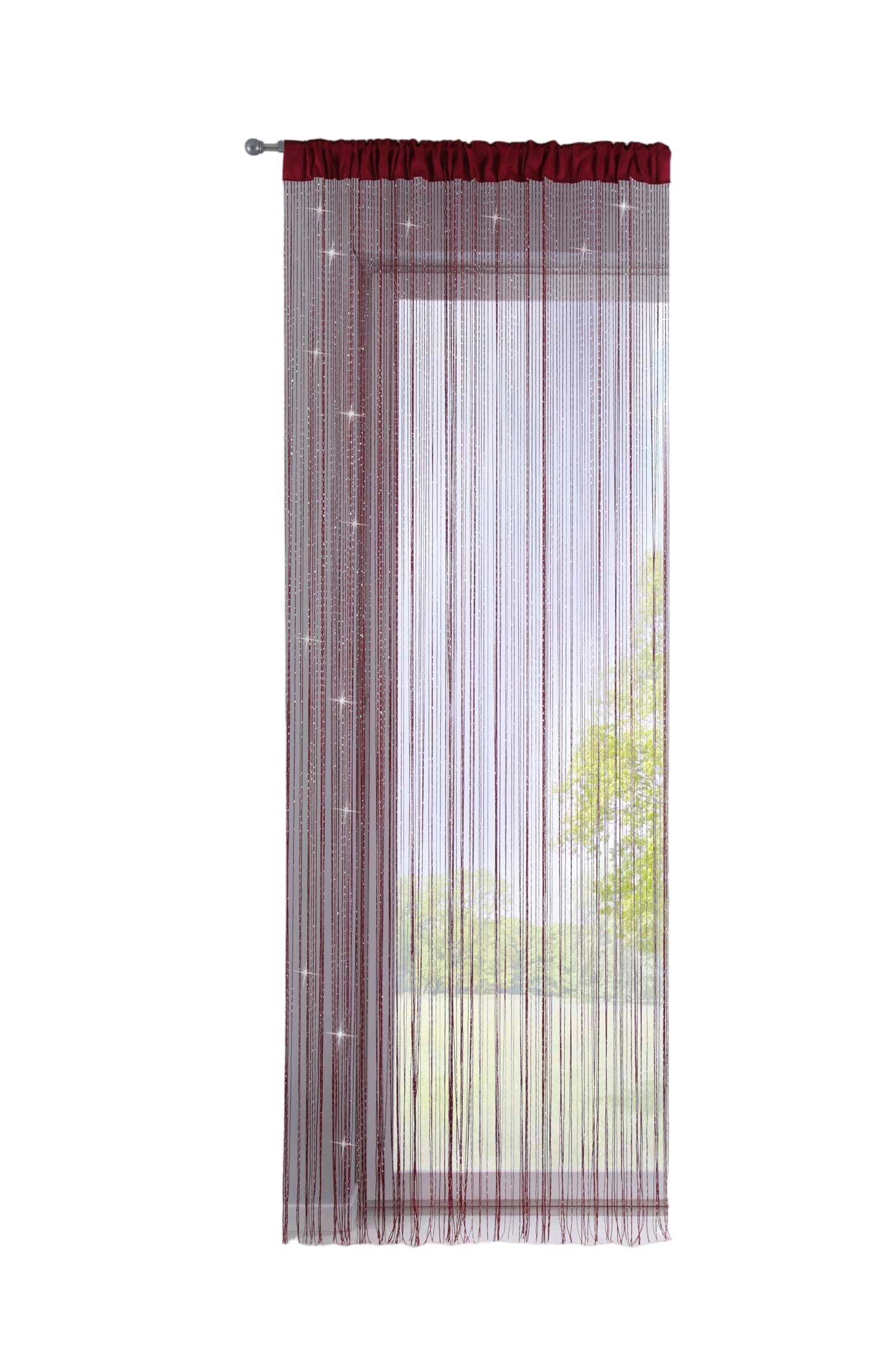 Fadengardine mit Tunneldurchzug und eingenähtem Kräuselband, geeignet für Gardinenstangen und Gardinenschienen Fadenvorhang Fadenstore Raumteiler 20303CN Fadengardine 20303CNbordeaux_lurex-crop | Gardinenbox.de