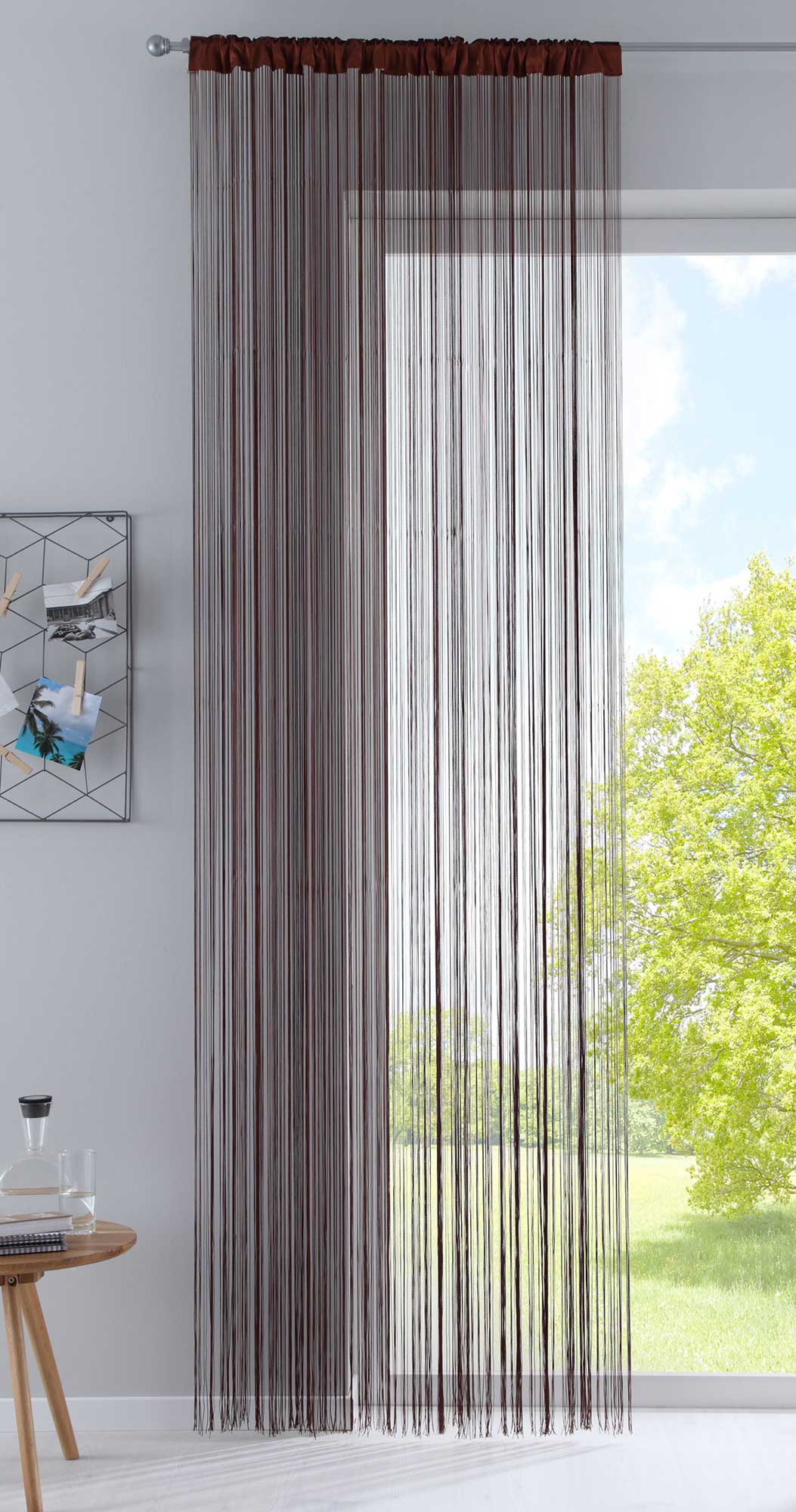 Fadengardine mit Tunneldurchzug und eingenähtem Kräuselband, geeignet für Gardinenstangen und Gardinenschienen Fadenvorhang Fadenstore Raumteiler 20303CN Braun HxB 270x140 cm Fadengardine 20303CNbraun_bc8065cf-3275-4a12-bebd-4e965f9aed47 | Gardinenbox.de