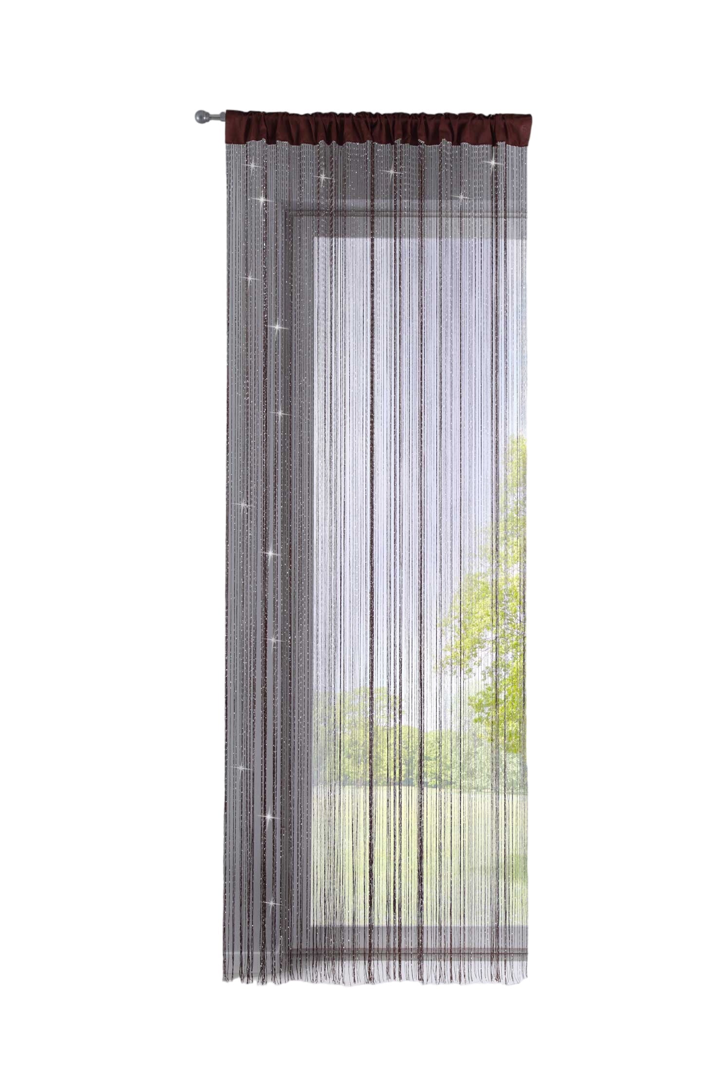 Fadengardine mit Tunneldurchzug und eingenähtem Kräuselband, geeignet für Gardinenstangen und Gardinenschienen Fadenvorhang Fadenstore Raumteiler 20303CN Fadengardine 20303CNbraun_lurex-crop | Gardinenbox.de
