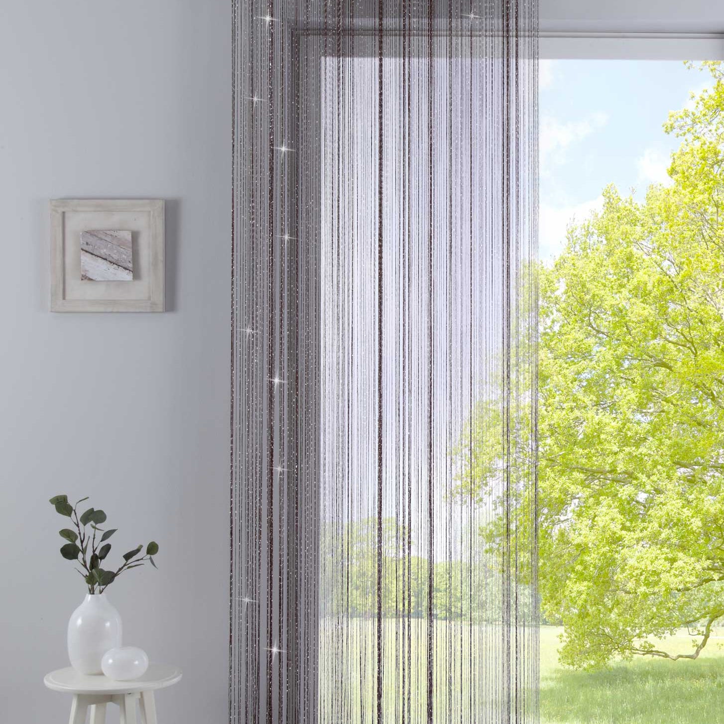 Fadengardine mit Tunneldurchzug und eingenähtem Kräuselband, geeignet für Gardinenstangen und Gardinenschienen Fadenvorhang Fadenstore Raumteiler 20303CN Braun Lurex HxB 250x140 cm Fadengardine 20303CNbraun_lurex_a32e0771-be9c-4efa-a177-b04fe917aacd | Gardinenbox.de