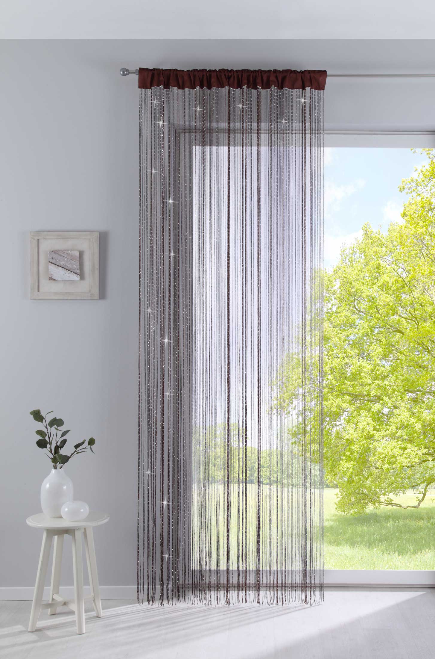 Fadengardine mit Tunneldurchzug und eingenähtem Kräuselband, geeignet für Gardinenstangen und Gardinenschienen Fadenvorhang Fadenstore Raumteiler 20303CN Braun Lurex HxB 250x140 cm Fadengardine 20303CNbraun_lurex_a32e0771-be9c-4efa-a177-b04fe917aacd | Gardinenbox.de