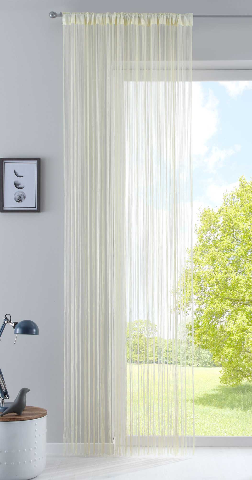 Fadengardine mit Tunneldurchzug und eingenähtem Kräuselband, geeignet für Gardinenstangen und Gardinenschienen Fadenvorhang Fadenstore Raumteiler 20303CN Creme HxB 270x140 cm Fadengardine 20303CNcreme_27660d3c-8973-4cdc-a206-8fd451228fba | Gardinenbox.de