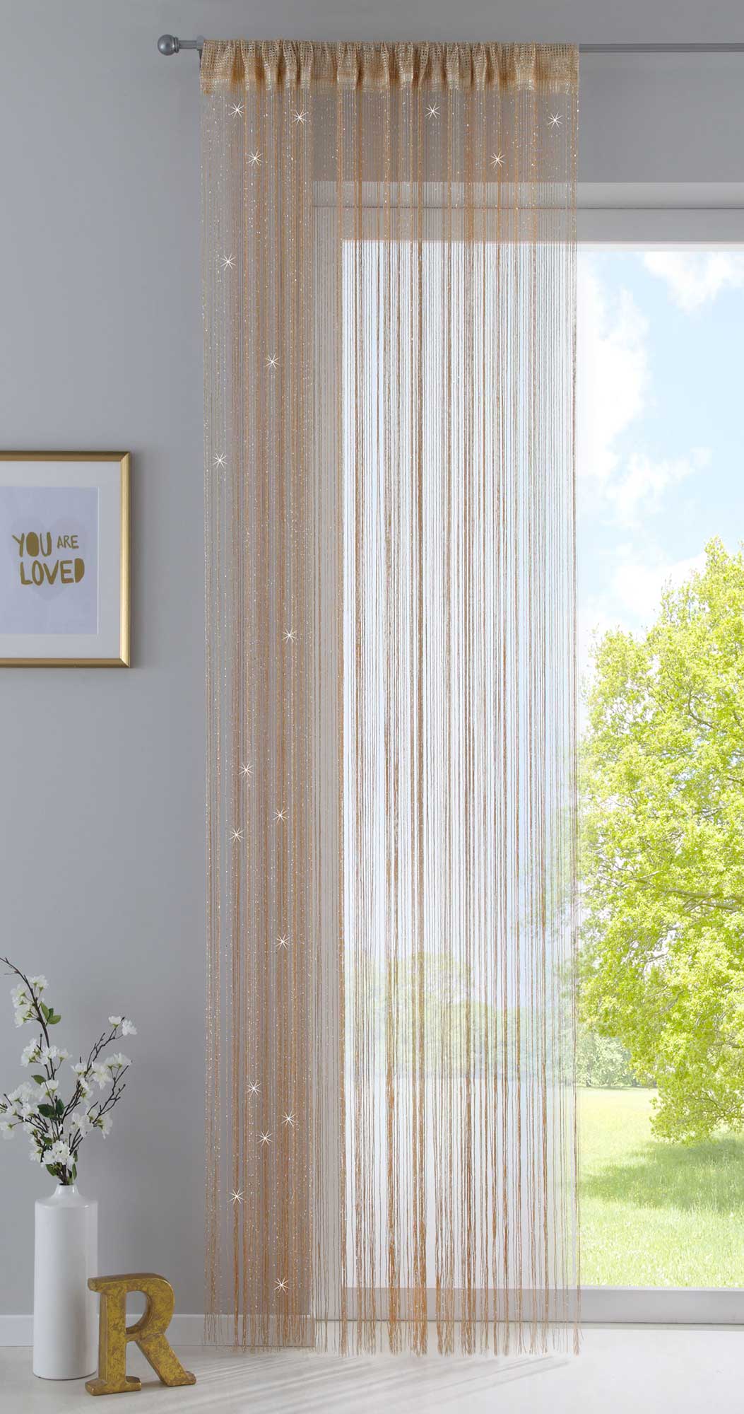 Fadengardine mit Tunneldurchzug und eingenähtem Kräuselband, geeignet für Gardinenstangen und Gardinenschienen Fadenvorhang Fadenstore Raumteiler 20303CN Gold Lurex HxB 250x140 cm Fadengardine 20303CNgold_lurex_51753221-9457-474c-b279-ebce849661cc | Gardinenbox.de