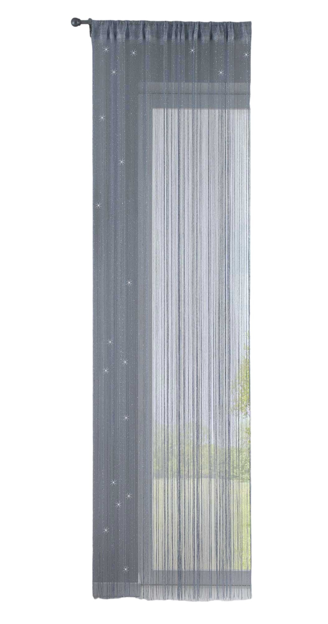 Fadengardine mit Tunneldurchzug und eingenähtem Kräuselband, geeignet für Gardinenstangen und Gardinenschienen Fadenvorhang Fadenstore Raumteiler 20303CN Fadengardine 20303CNgrau_lurex-crop_d0c6afe9-2c17-47f0-a34a-b416560acd43 | Gardinenbox.de