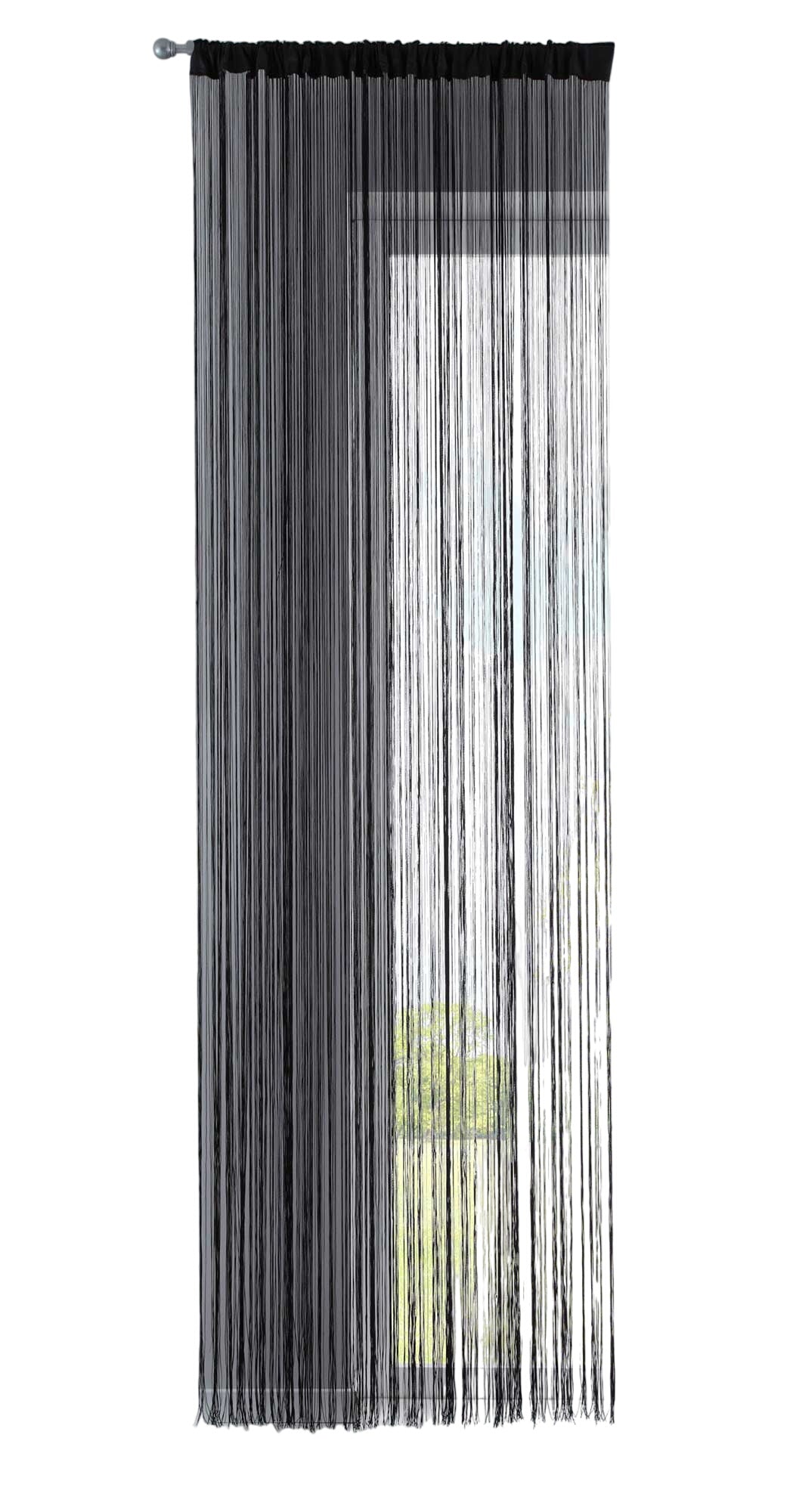 Fadengardine mit Tunneldurchzug und eingenähtem Kräuselband, geeignet für Gardinenstangen und Gardinenschienen Fadenvorhang Fadenstore Raumteiler 20303CN Fadengardine 20303CNschwarz-crop | Gardinenbox.de