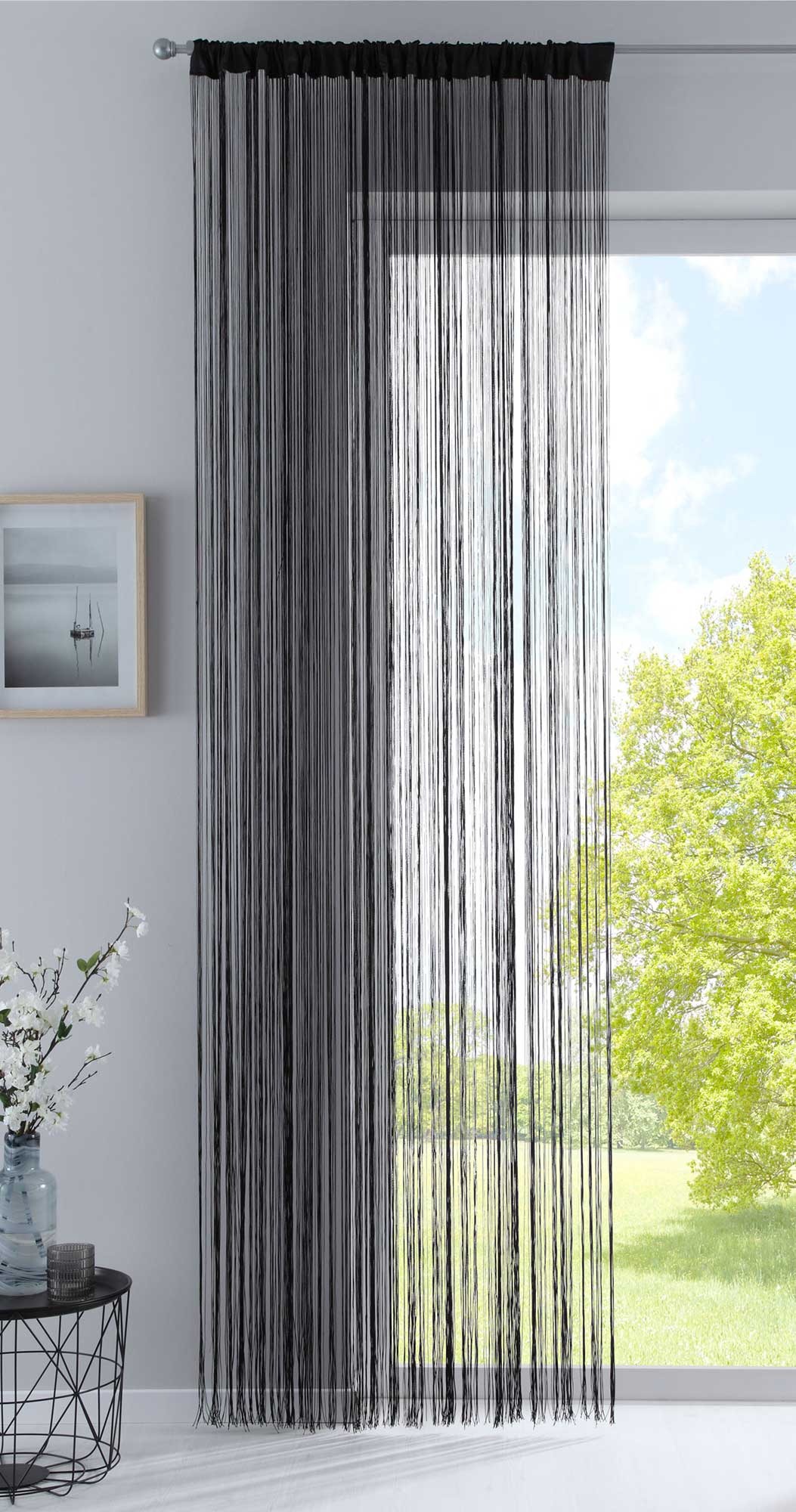 Fadengardine mit Tunneldurchzug und eingenähtem Kräuselband, geeignet für Gardinenstangen und Gardinenschienen Fadenvorhang Fadenstore Raumteiler 20303CN Schwarz HxB 270x140 cm Fadengardine 20303CNschwarz_c713438c-a4ac-44b8-8504-b2fb8c7035aa | Gardinenbox.de