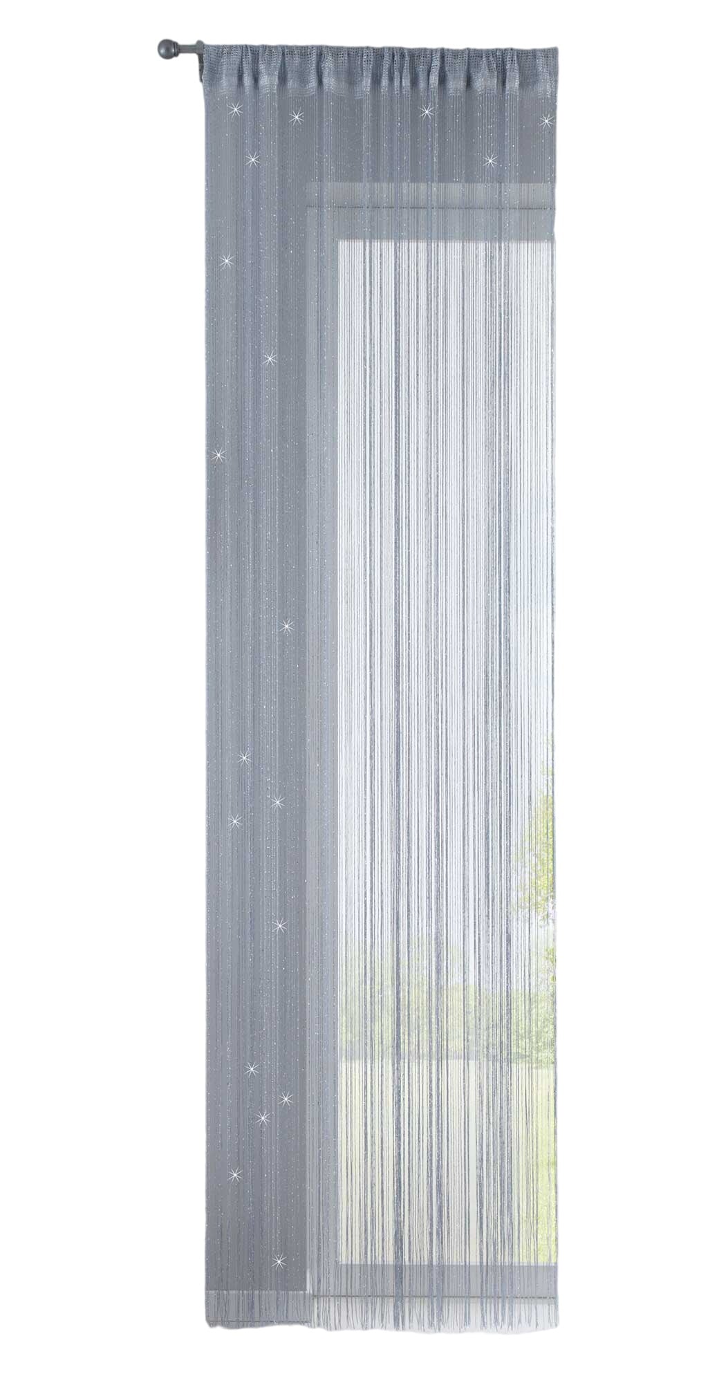 Fadengardine mit Tunneldurchzug und eingenähtem Kräuselband, geeignet für Gardinenstangen und Gardinenschienen Fadenvorhang Fadenstore Raumteiler 20303CN Fadengardine 20303CNsilber_lurex-crop | Gardinenbox.de