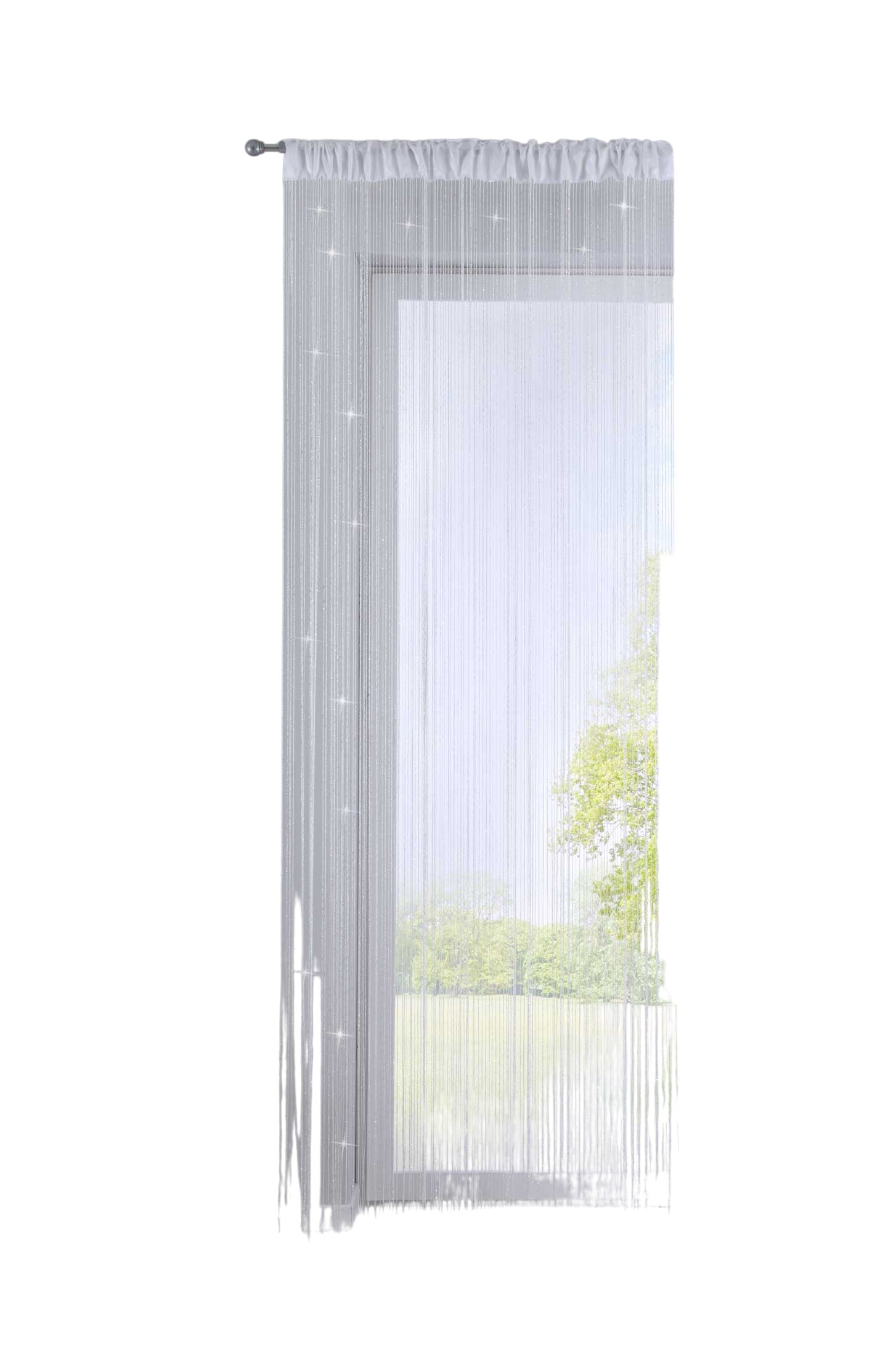Fadengardine mit Tunneldurchzug und eingenähtem Kräuselband, geeignet für Gardinenstangen und Gardinenschienen Fadenvorhang Fadenstore Raumteiler 20303CN Fadengardine 20303CNweiss_lurex-crop | Gardinenbox.de