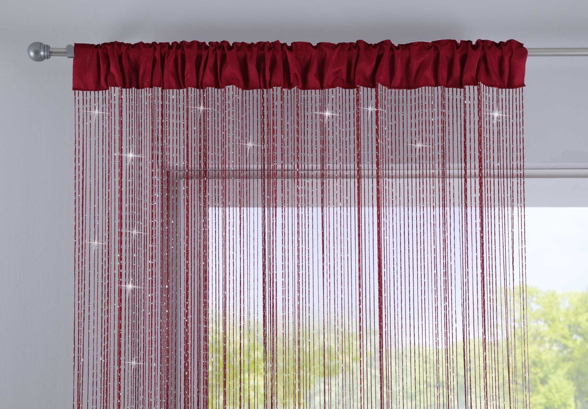 2er Set Fadengardine mit Tunneldurchzug und eingenähtem Kräuselband, geeignet für Gardinenstangen und Gardinenschienen Fadenvorhänge Fadenstores Raumteiler 20303CN2 Fadengardine 20303_Bordeaux_lurex-Struktur_1_0c3192e3-030f-49d6-a97d-a8a6a5f9803b | Gardinenbox.de