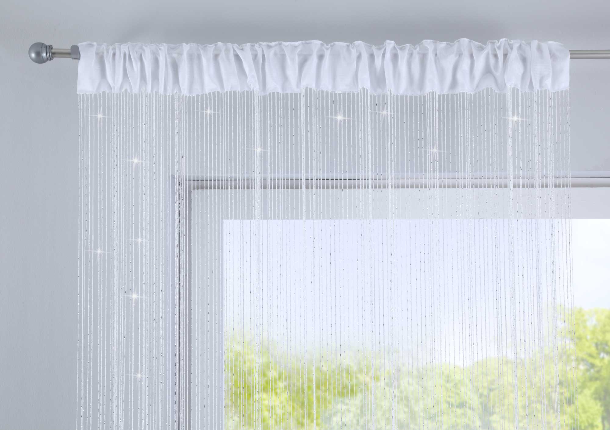 Fadengardine mit Tunneldurchzug und eingenähtem Kräuselband, geeignet für Gardinenstangen und Gardinenschienen Fadenvorhang Fadenstore Raumteiler 20303CN Fadengardine 20303_weiss_lurex-Struktur_1_d7e34178-1e64-4945-a0af-60e54c7e5801 | Gardinenbox.de