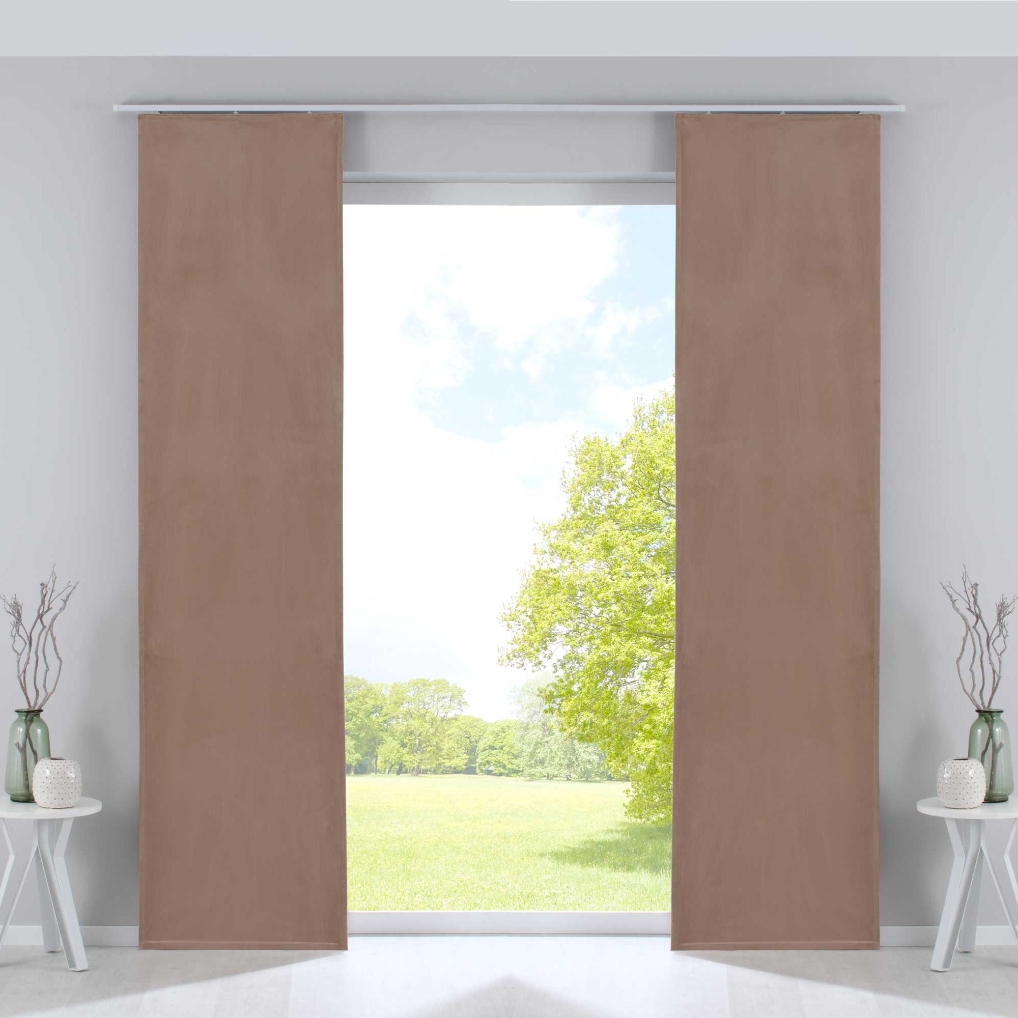 2er Set Flächenvorhänge Verdunkelung Schiebegardinen »Milano« Samt blickdicht Blackout Alu Paneelwägen Beschwerungsstangen 203571-2-alu Sand Schiebegardine 203571-2-alusand | Gardinenbox.de