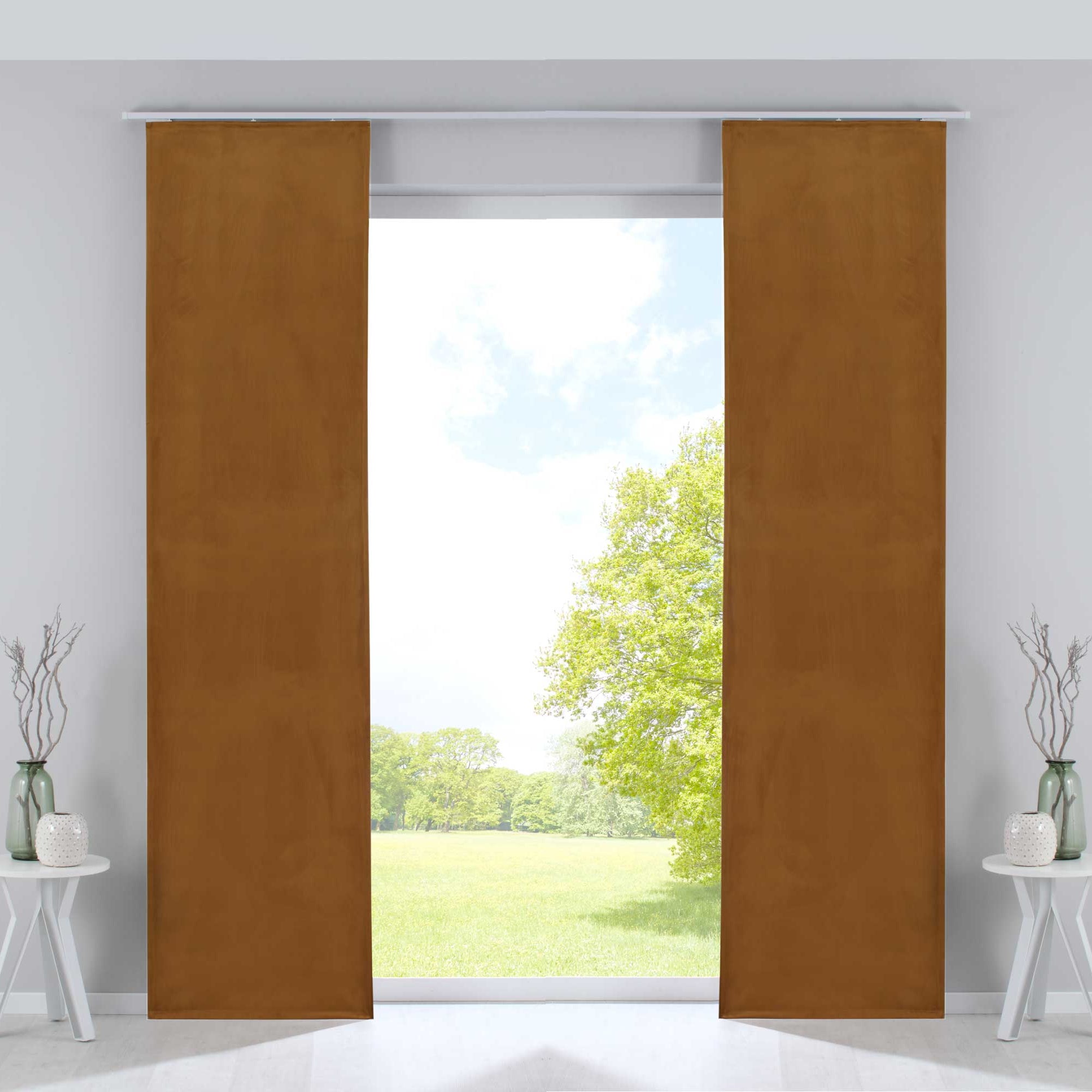 2er Set Flächenvorhänge Verdunkelung Schiebegardinen »Milano« Samt blickdicht Blackout Alu Paneelwägen Beschwerungsstangen 203571-2-alu Senf Schiebegardine 203571-2-alusenf | Gardinenbox.de