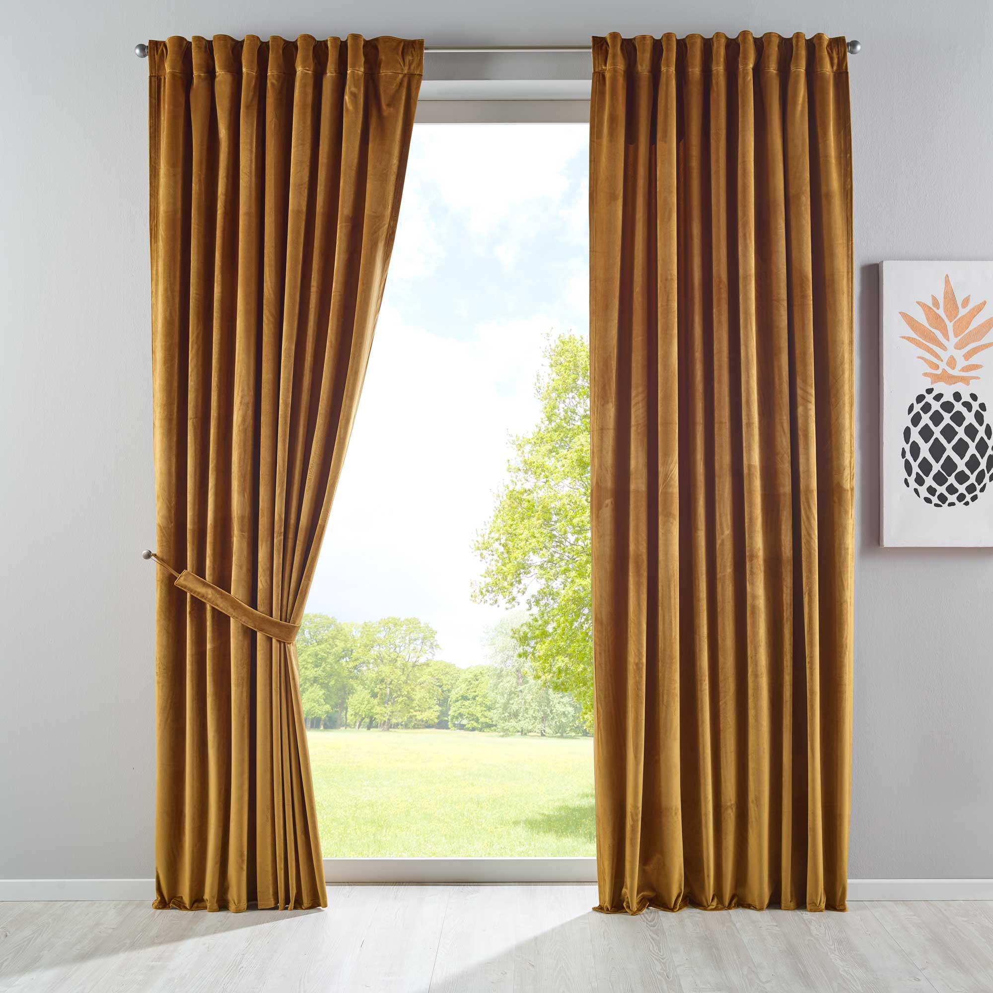 Verdunkelungsvorhang »Milano« Samt blickdicht Schlaufenband Tunneldurchzug Blackout Bügelband kürzbar 20357 Senf 2 Stück HxB 280x135 cm Vorhang Set 20357senf | Gardinenbox.de